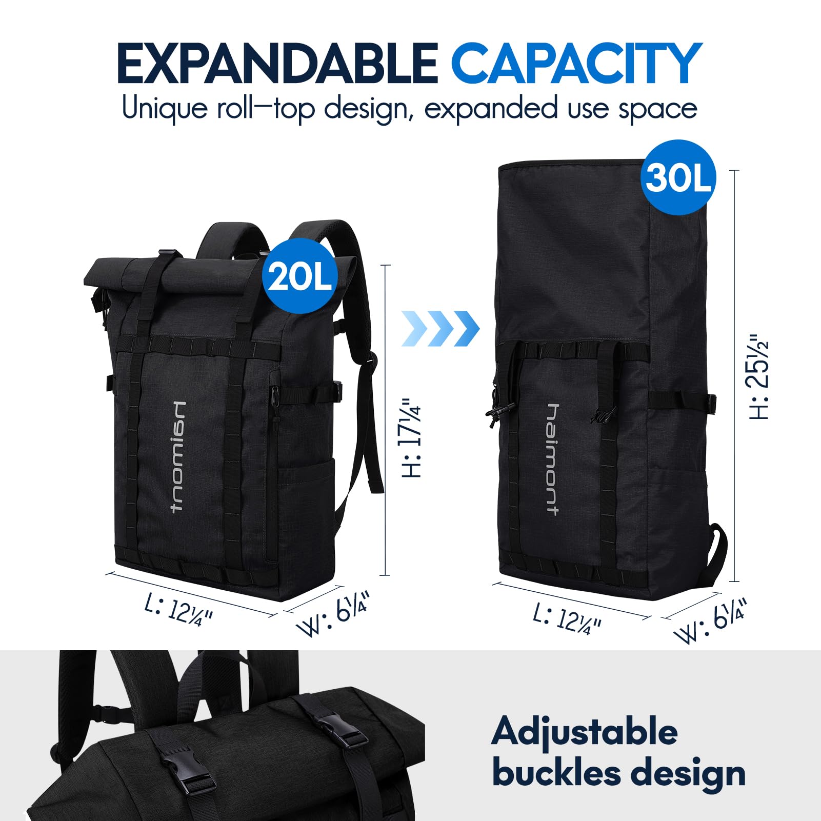 Haimont Water-Resistant 20L Rolltop Backpack for Men & Women - Lightweight Travel Backpack with Laptop Compartment for Work, Hiking, Commuting & Daily Use - Durable Carry-On Daypack (Black)