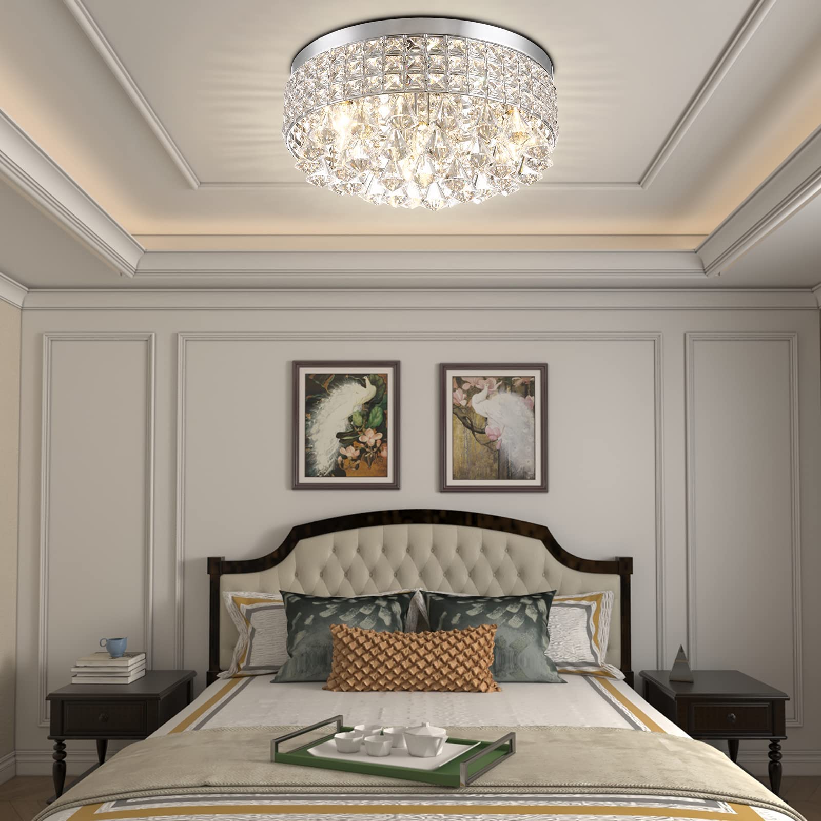 Maxax 4-Light Crystal Chandelier - Modern Drum Ceiling Light Fixture with Raindrop Design, Round Metal Shade Flush Mount Lighting for Dining Room, Living Room, Bedroom, Bathroom (Chrome Finish) - Perfect for Home Decor, Wedding Venues, and Restaurant Lighting