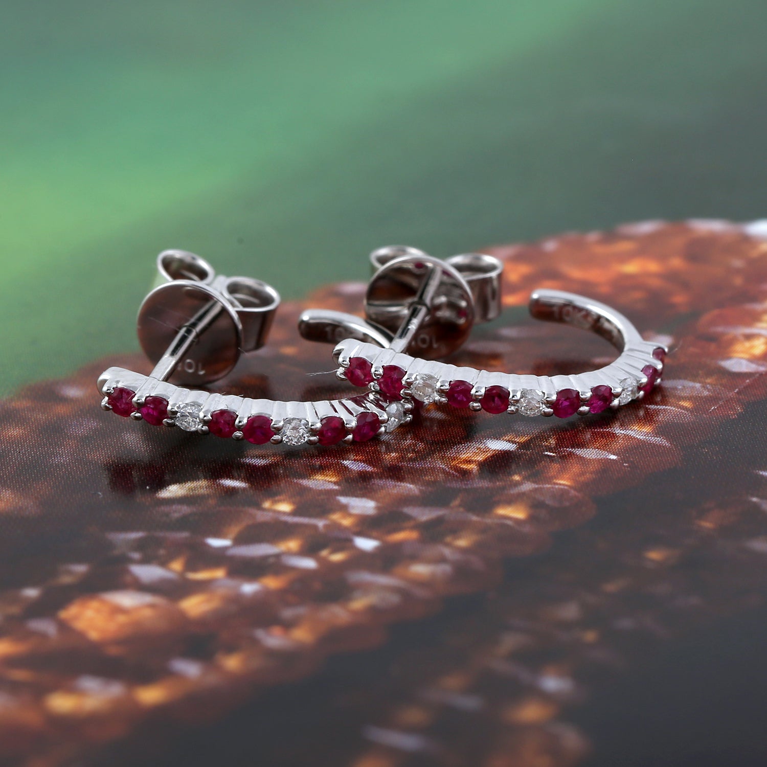 10K White Gold Ruby and Diamond Hoop Stud Earrings for Women - Elegant Pave Setting, Perfect for Weddings, Parties & Special Occasions