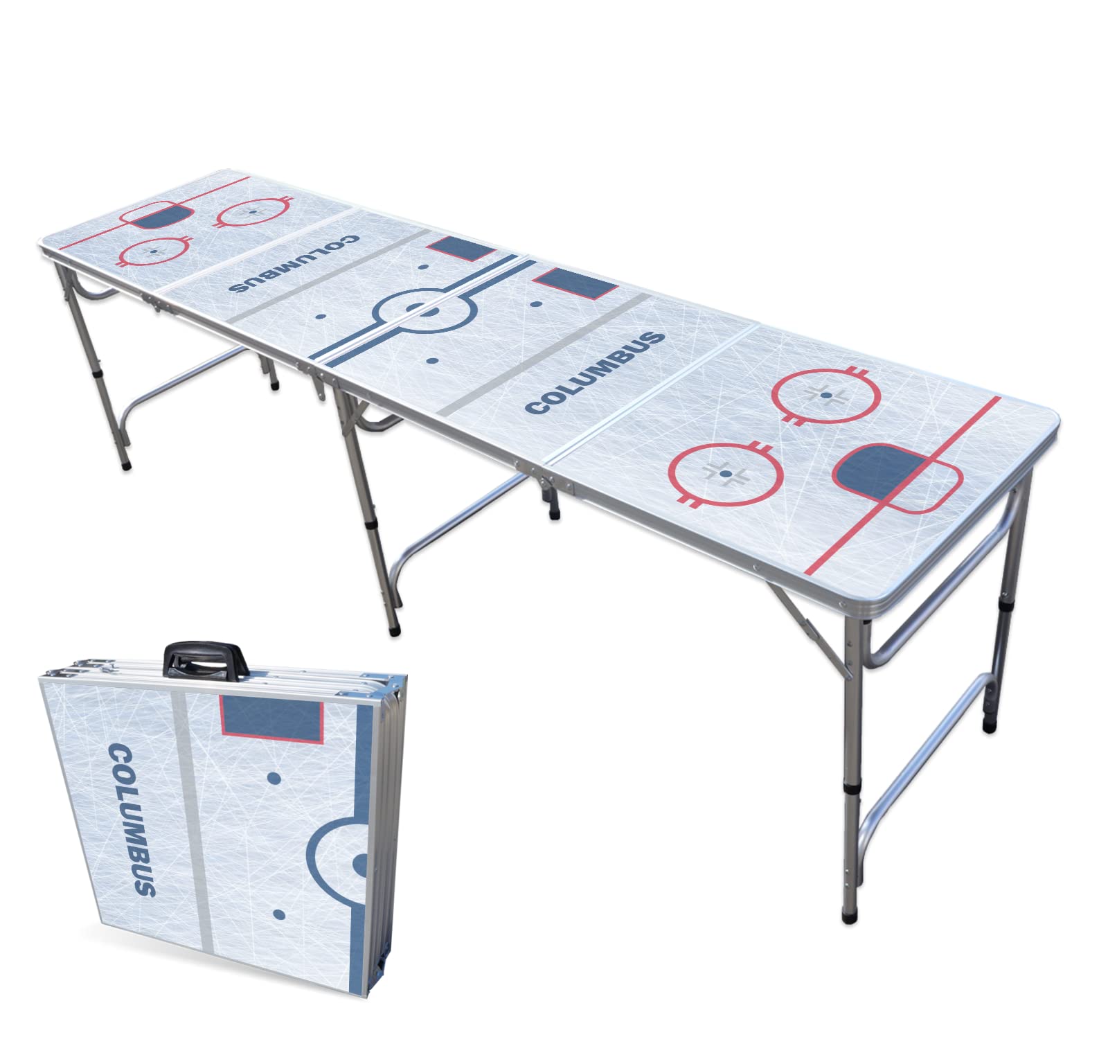 Portable 8-Foot Folding Beer Pong Table with LED Lights & Optional Cup Holes - Columbus Hockey Rink Design - Perfect for Parties, Tailgates & Game Nights (Choose Your Model)
