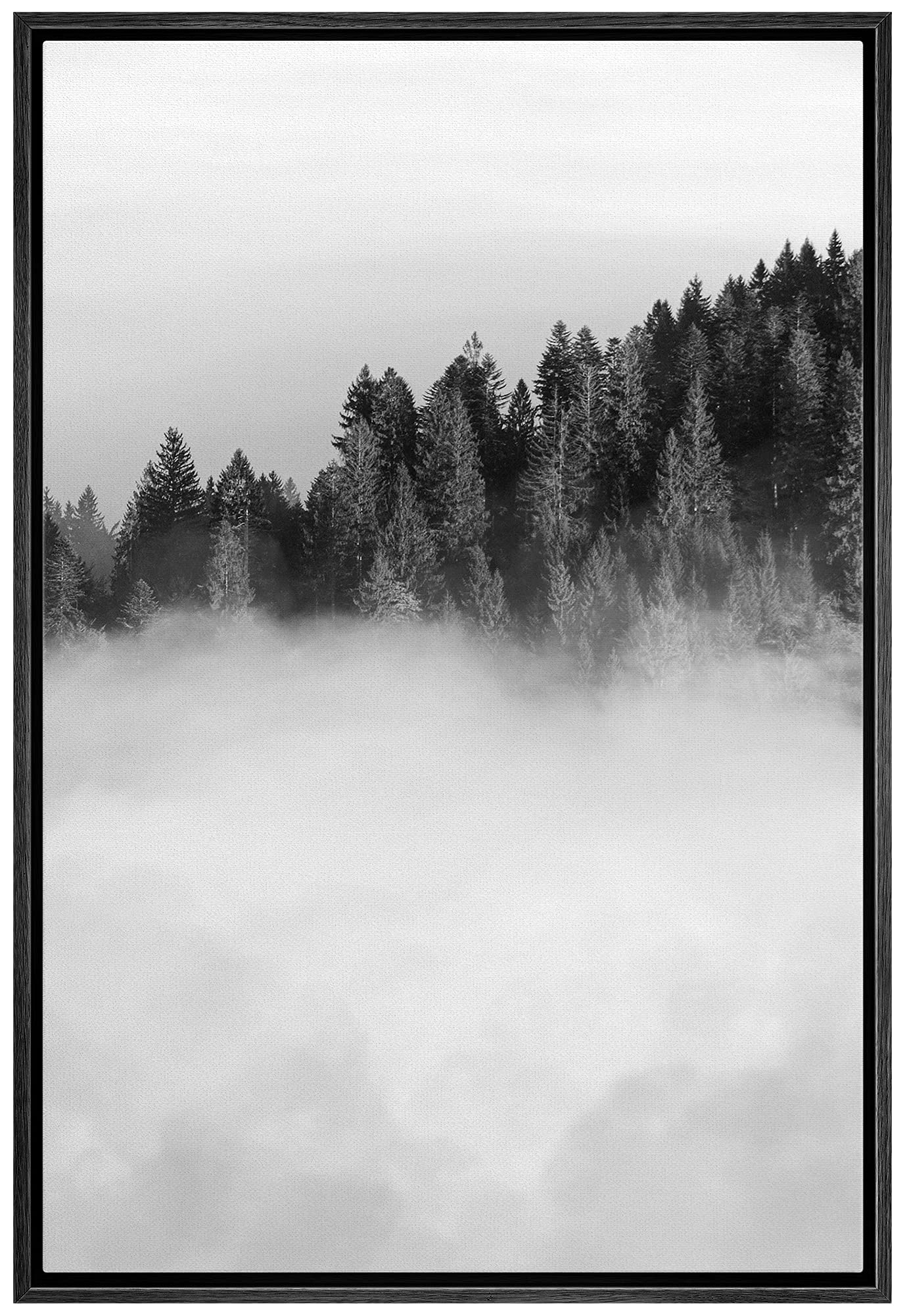 IDEA4WALL Framed Canvas Print - Black & White Forest Mist Woodland Wall Art, Nature Wilderness Realism, Rustic Dramatic Decor for Living Room, Bedroom, Office, Nursery - 24