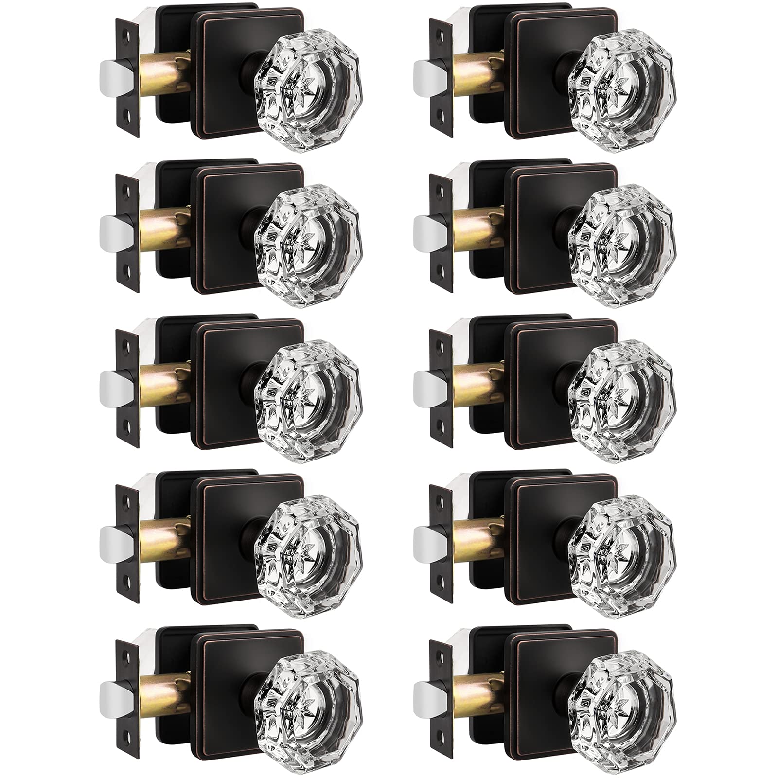 10 Pack Clear Crystal Glass Door Knobs - Oil Rubbed Bronze Finish, Square Back Plate, Keyless Non-Locking Interior Door Handles for Hallway, Closet & Bedroom Doors | Durable & Stylish Home Hardware Upgrade