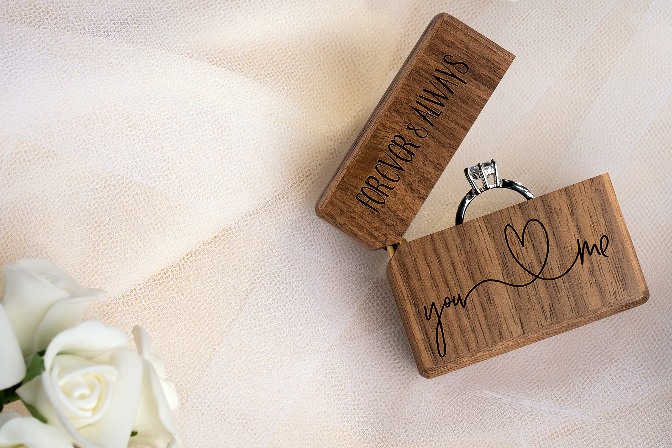 Elegant Walnut Wood Engagement Ring Box - Slim Pocket Size Proposal Ring Holder with 'Forever and Always You and Me' Engraving - Perfect for Romantic Proposals, Wedding Proposals, and Special Occasions