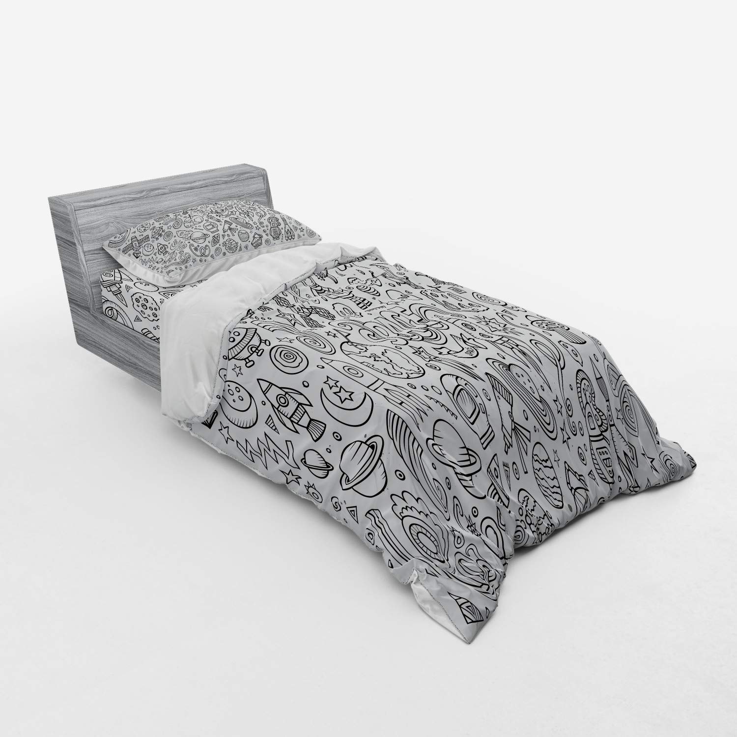 Ambesonne Cartoon Bedding Set - Sketch Abstract Planets Doodle Drawing Style 3-Piece Duvet Cover Set with Pillow Sham & Fitted Sheet, Twin Size, White & Black - Perfect for Kids Rooms, Space Themed Decor & Modern Bedrooms