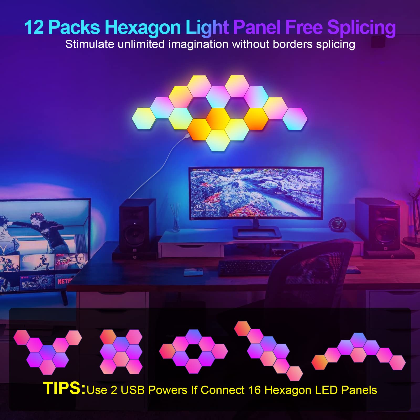 12 Pack Smart RGB Hexagon LED Light Panels - APP & Remote Control, Music Sync Wall Lights for Gaming, Living Room, Bedroom Decor | Cool Ambient Lighting for Adults & Kids | Perfect for Parties, Gaming Setup & Home Decoration