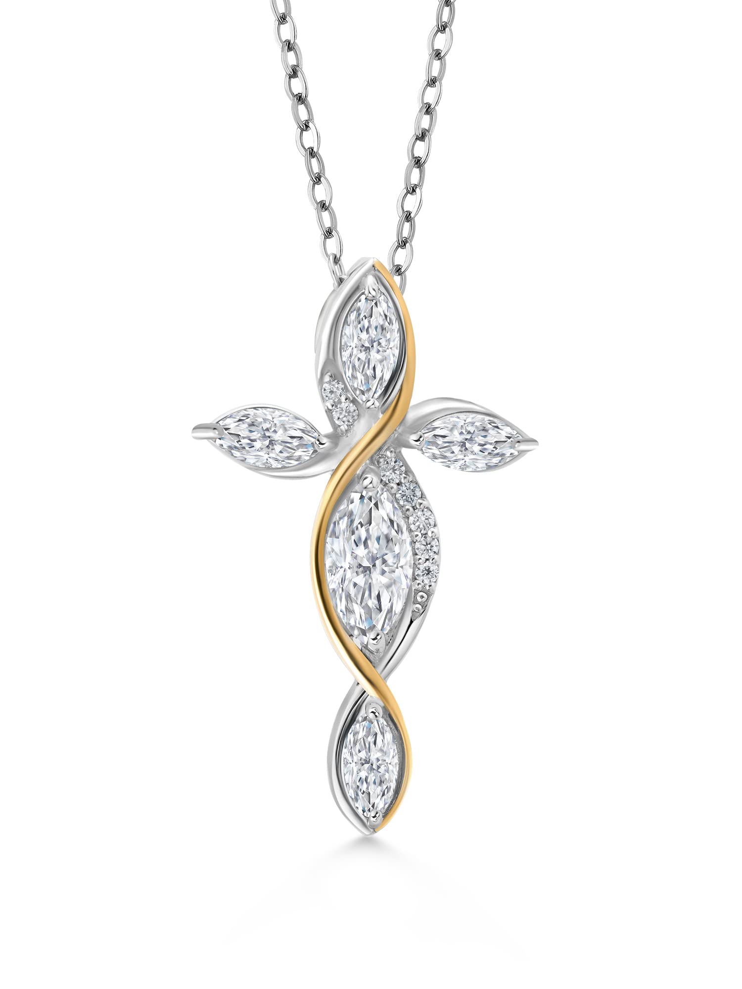 925 Silver & 10K Gold Moissanite Cross Pendant Necklace for Women - 1.31cttw Marquise Cut (8x4mm) Jesus Crucifix Religious Jewelry with 18