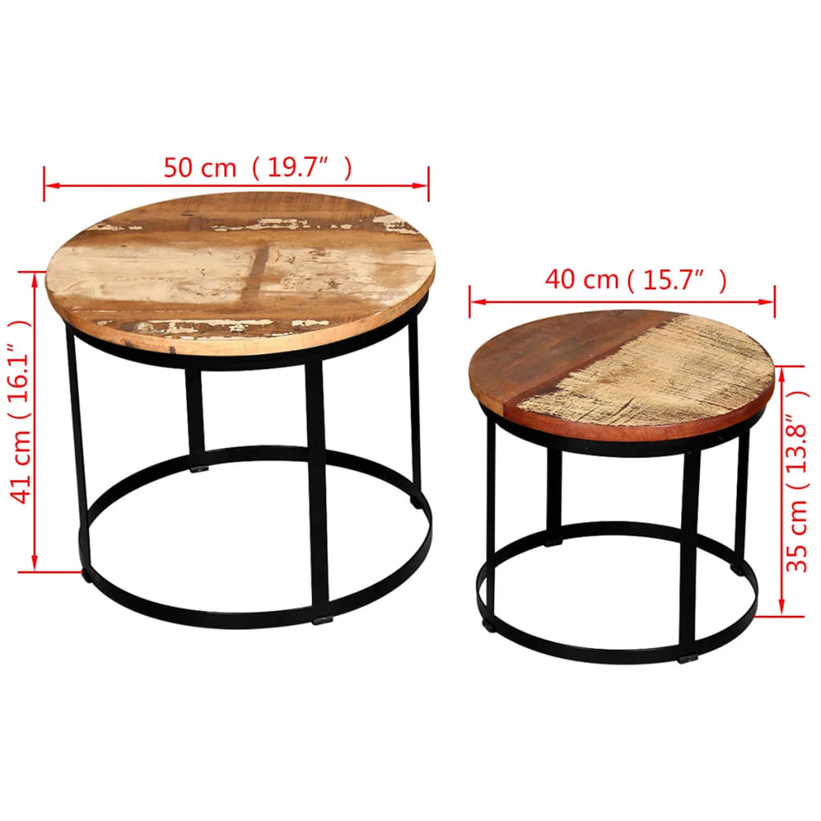 Reclaimed Wood Round Coffee Table Set - 2-Piece Solid Wood Nesting Tables, 19.7