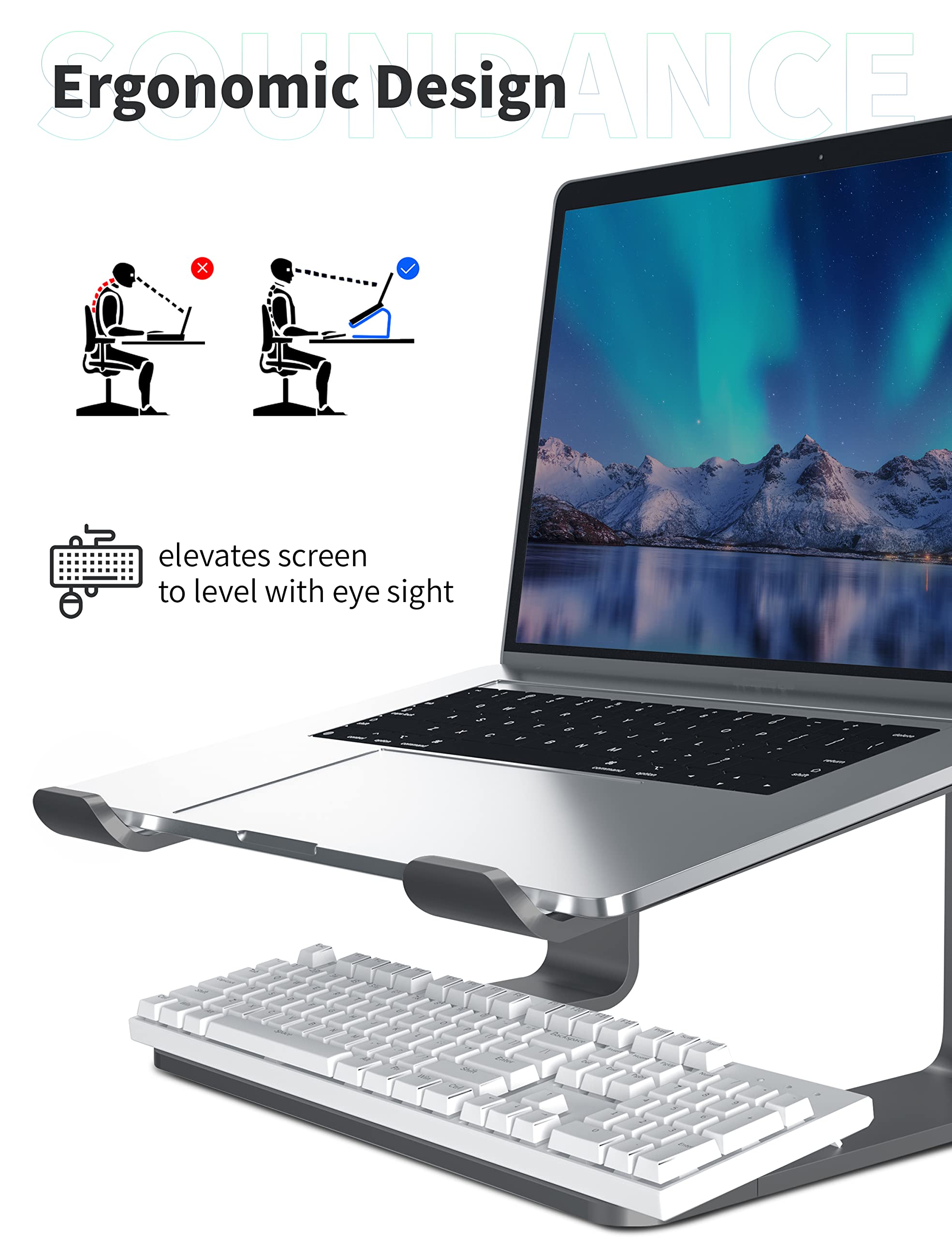 SOUNDANCE Aluminum Laptop Stand for Desk - Ergonomic Computer Riser Holder Compatible with 10-15.6 Inch Notebooks (Grey) | Perfect for Home Office, Gaming & Workspace Setup