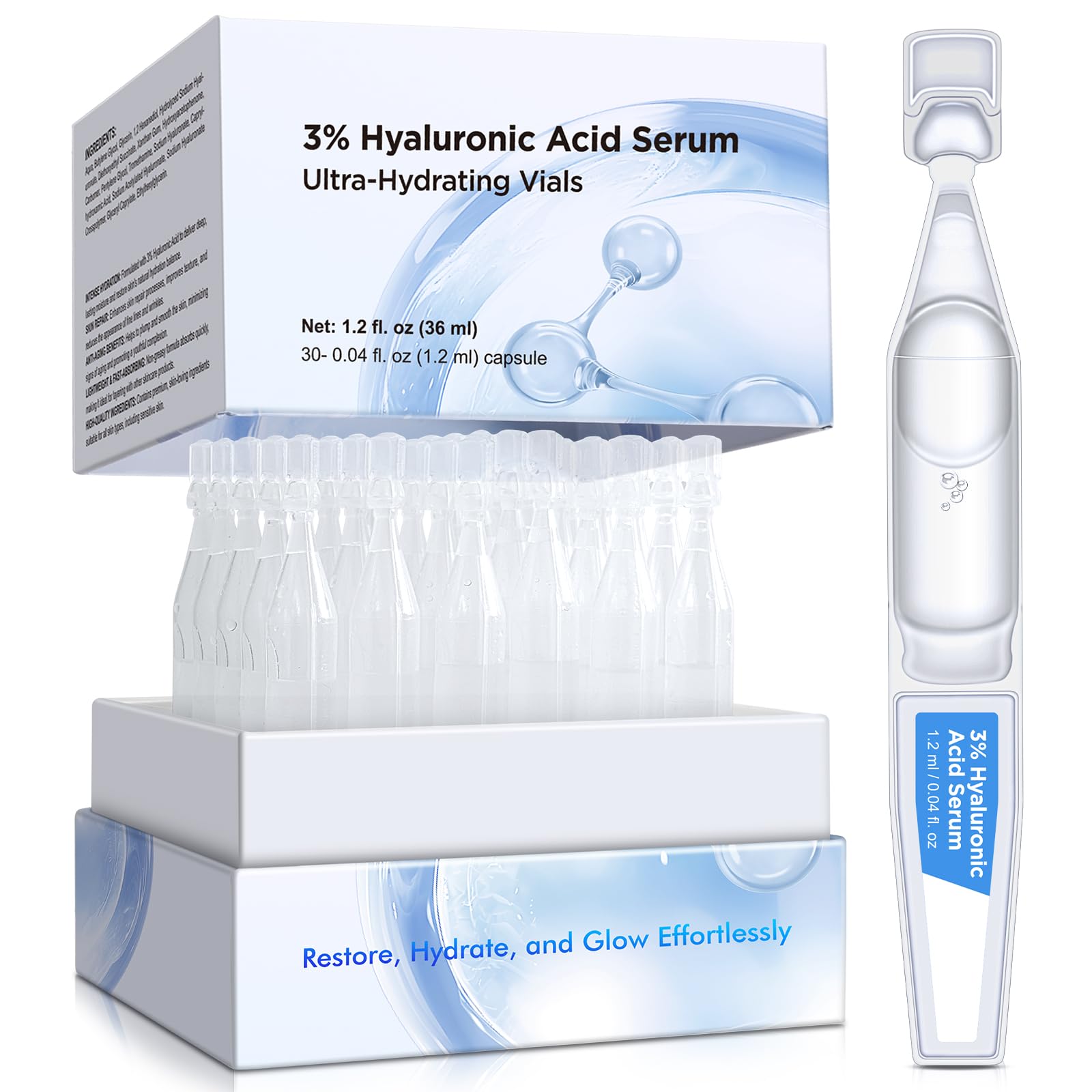 3% Hyaluronic Acid Serum for Face - 30 Pack Ultra-Hydrating Vials, Anti-Aging & Skin Repair Treatment, Intense Moisture for Plumper & Smoother Skin, Non-Greasy Lightweight Formula (1.2ml each, 1.2 fl oz) - Perfect for Daily Skincare Routine & Travel Essentials