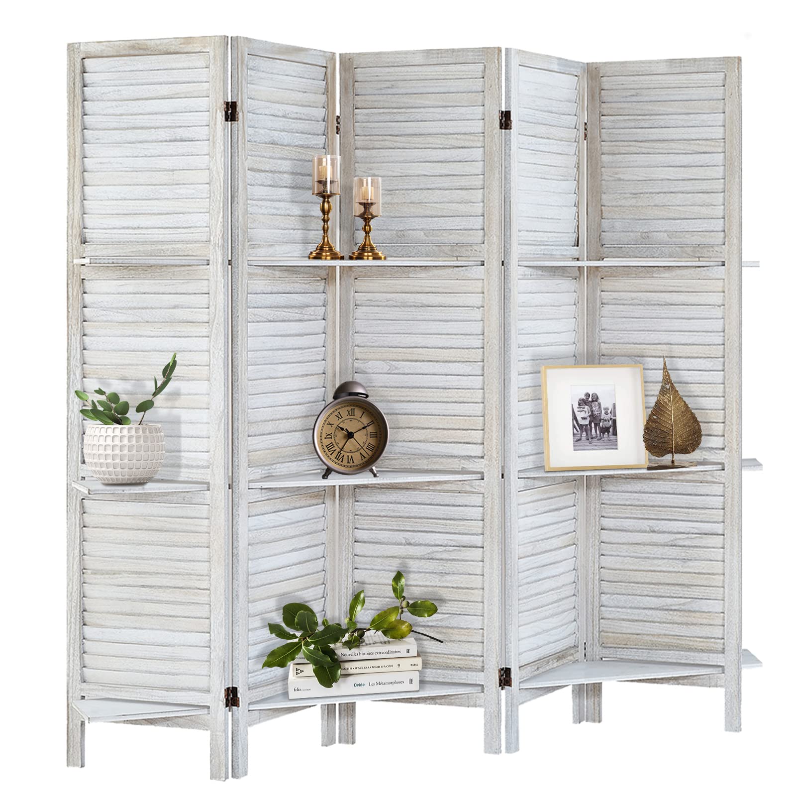 5-Panel Wooden Room Divider with Shelves - Privacy Screen & Folding Partition Wall Separator - Coconut Finish for Home Office, Bedroom, and Living Room Space Division