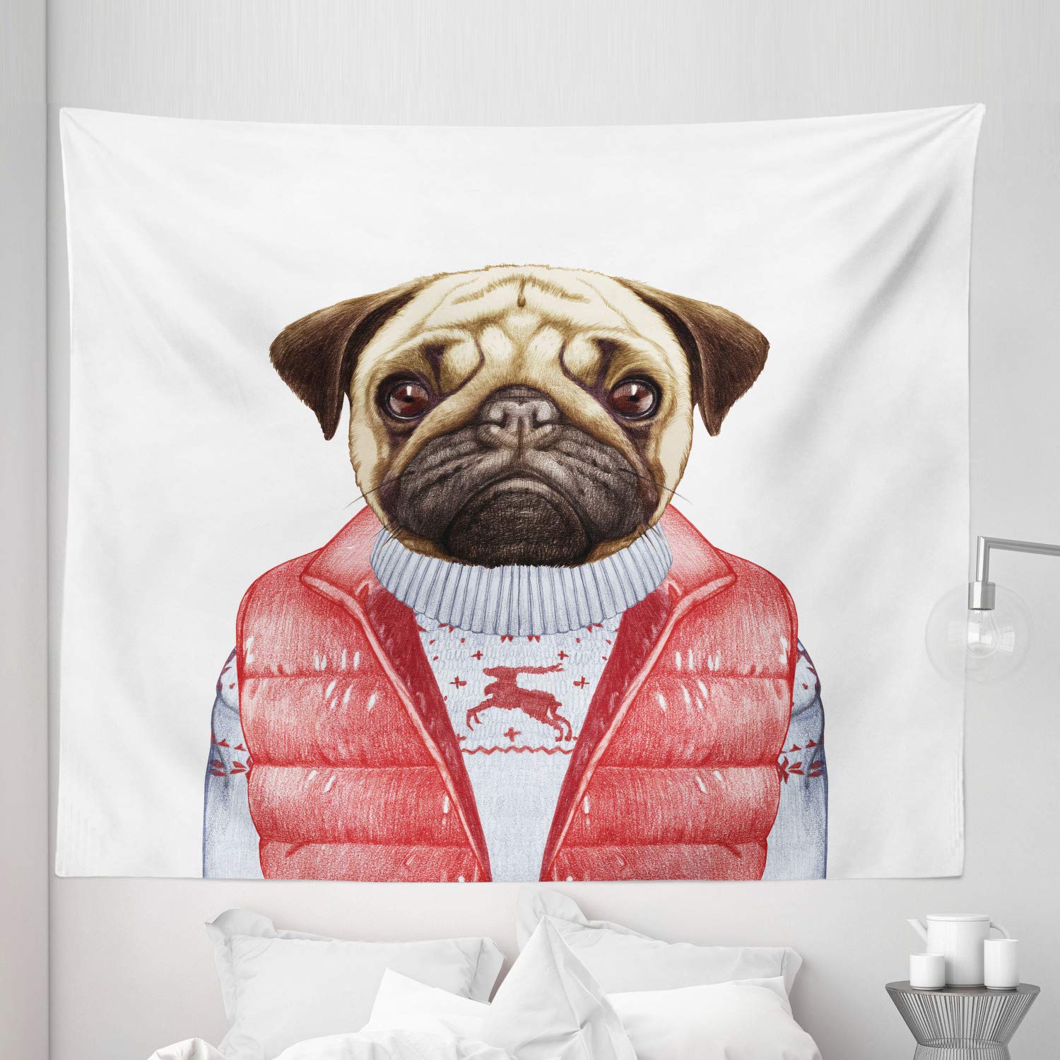 Ambesonne Pug Tapestry King Size - Dog Christmas Wall Decor for Bedroom & Living Room