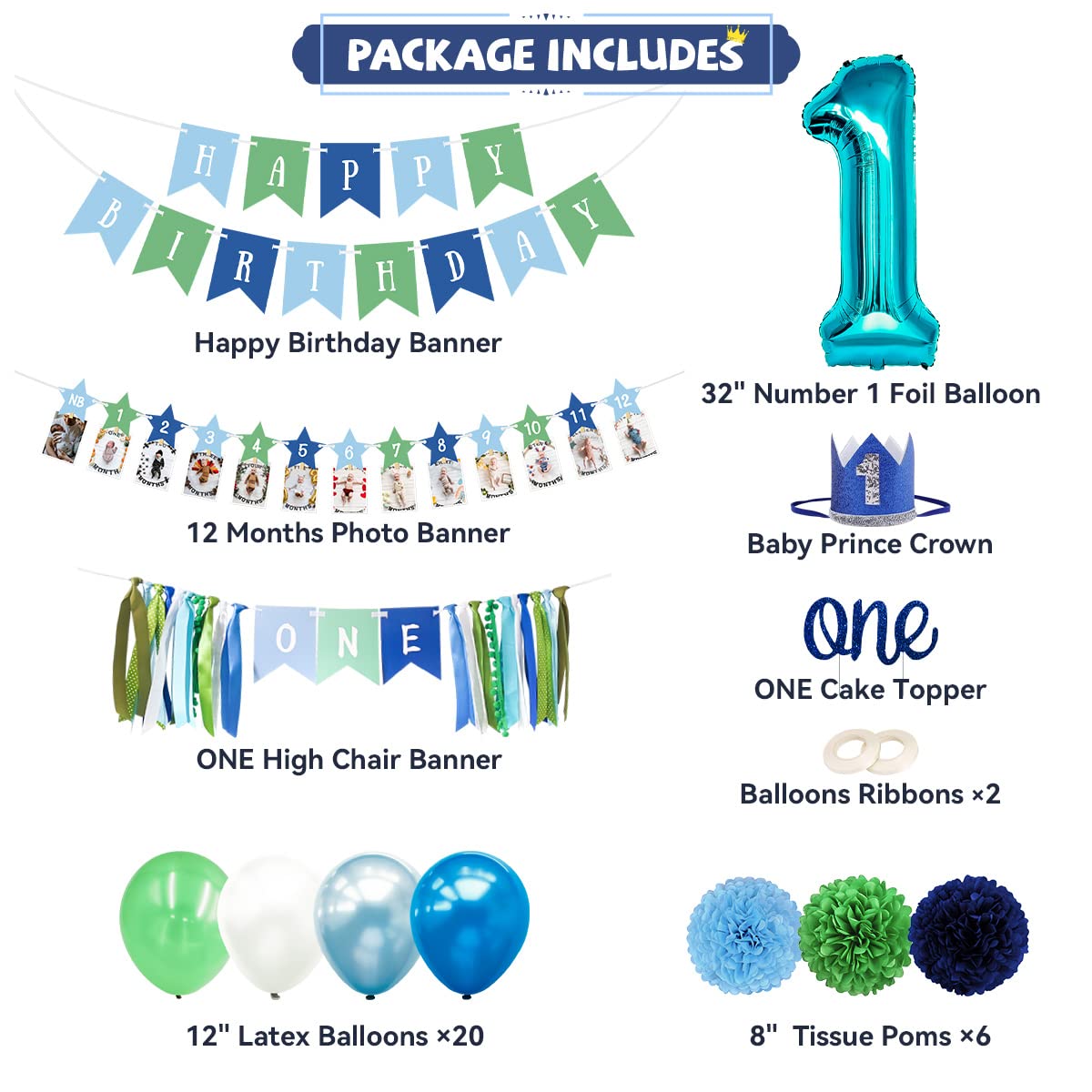 Tenshun 1st Birthday Decorations for Boys - Happy Birthday Banner, High Chair Banner & 12 Monthly Photo Banner Set | Baby Boy's First Birthday Party Supplies | Perfect for Birthday Photos, Cake Smash, and Nursery Decor