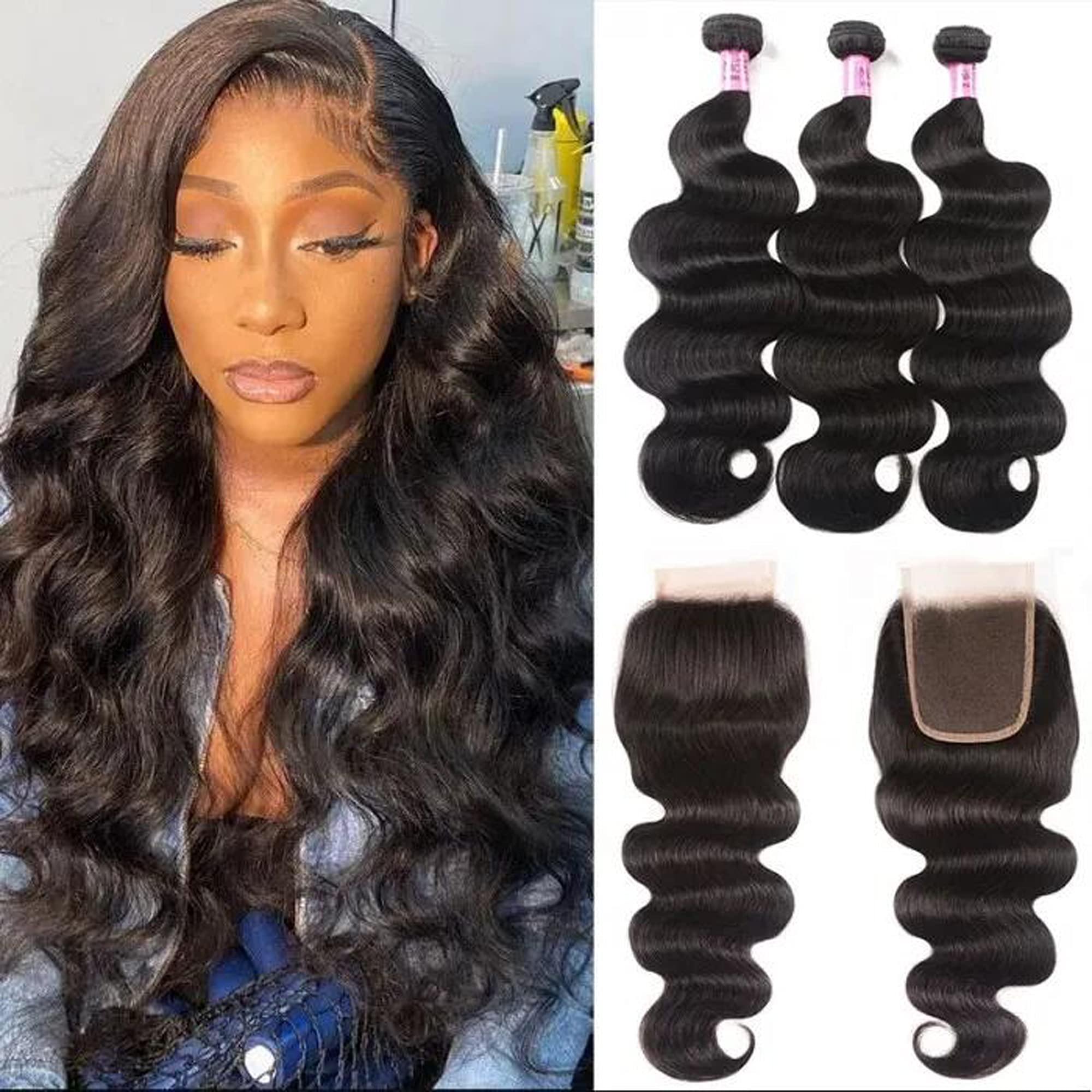 UNice 4X4 Lace Closure Human Hair Weave with 3 Bundles - Brazilian Body Wave Remy Hair Extensions (20 22 24+18 Inch) Natural Color, Bleach & Dye Friendly for Styling & Volume - Perfect for Daily Wear, Parties & Special Occasions