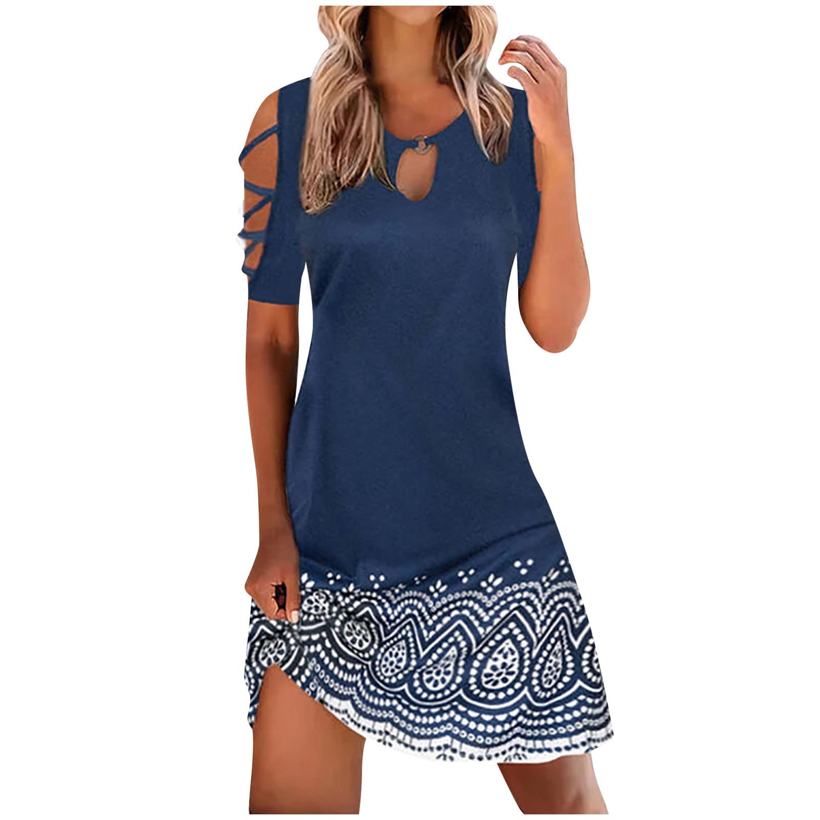 OSFVNOXV Women's Casual Summer Dress - Short Sleeve Cold Shoulder Mini Dress with Floral Print, Crew Neck Beach Vacation Dress | Perfect for Pool Parties, Tropical Getaways & Summer Outings