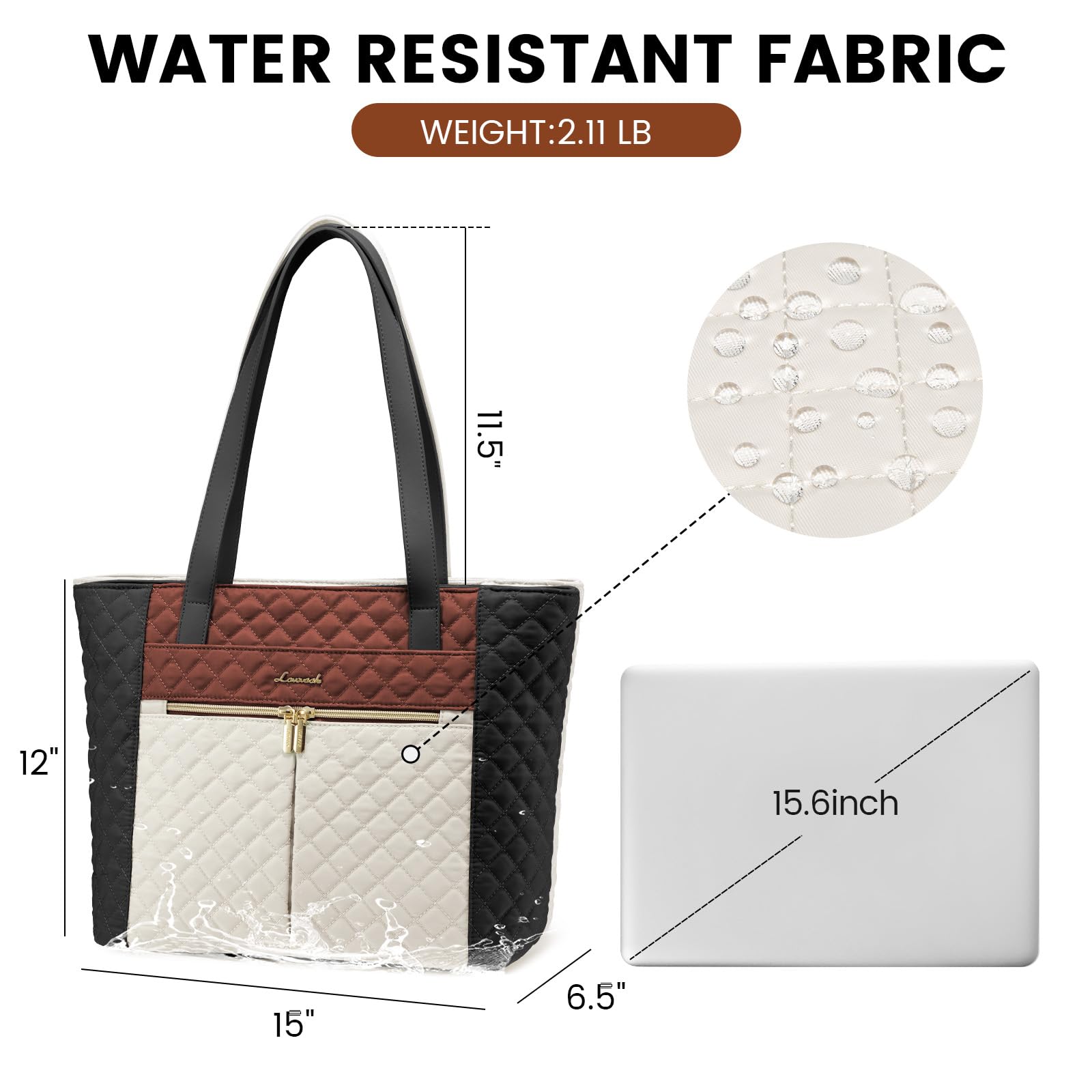 LOVEVOOK 15.6 Inch Diamond Quilted Laptop Bag for Women - Stylish Work Tote, Travel Shoulder Bag & Briefcase with Clutch Purse (Brown/Black/White) | Perfect for Office, Business Travel & Daily Commute