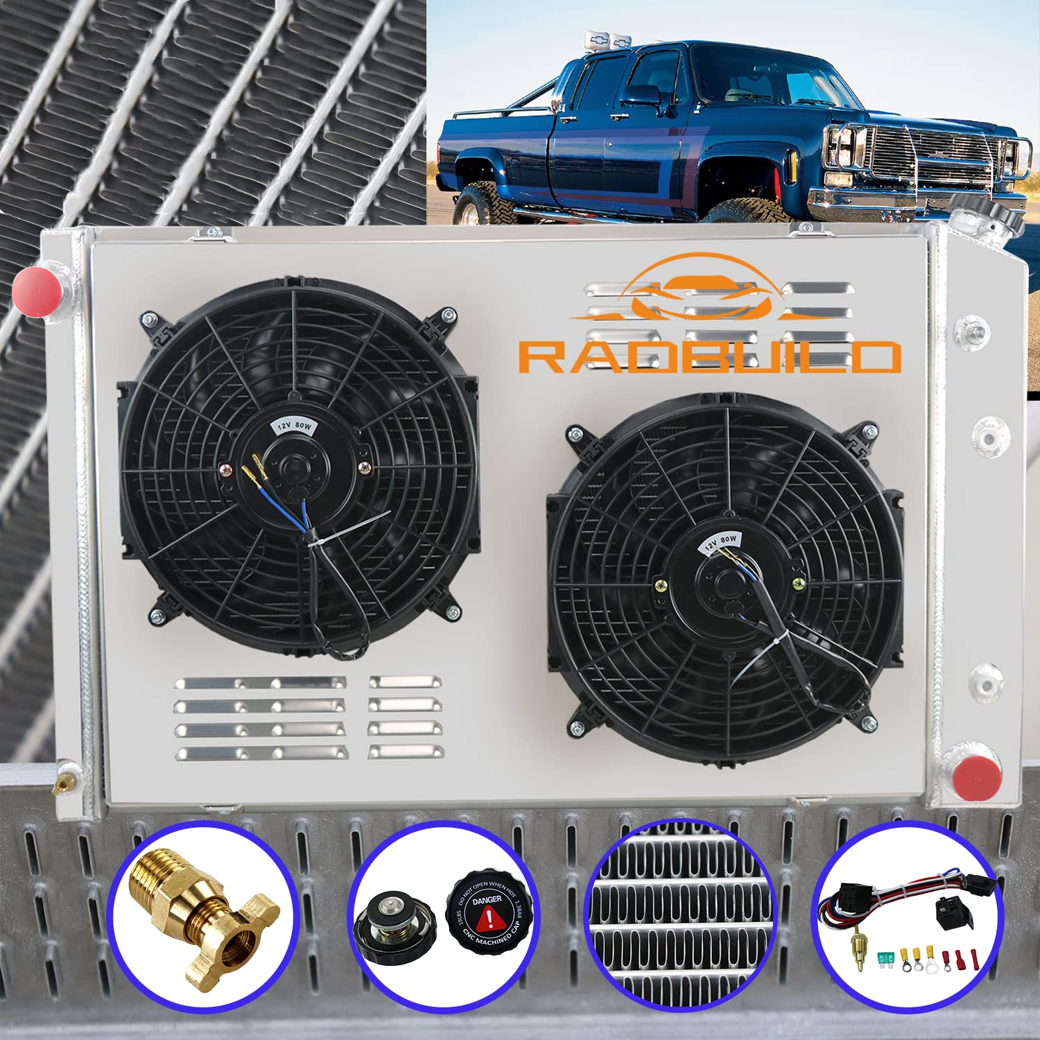 High-Performance CC716 3-Row All-Aluminum Radiator for 81-91 Chevy Blazer/C/K Series & 73-91 GMC Jimmy/C1500/C2500/C3500 - Fits 4.1L 4.8L L6 & 5.0L 5.7L 7.4L V8 Engines - Complete Cooling Kit with Shroud, Fan & Relay - Perfect for Off-Roading, Towing & High-Performance Upgrades