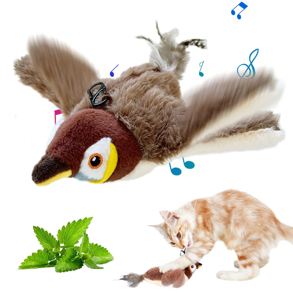 2025 New Flappy Chase Cat Toy - Interactive Flying Bird Toy with Chirping Sounds & Flapping Wings for Indoor Cats - Realistic Sparrow Simulation (Brown) - Perfect for Playtime, Exercise & Mental Stimulation