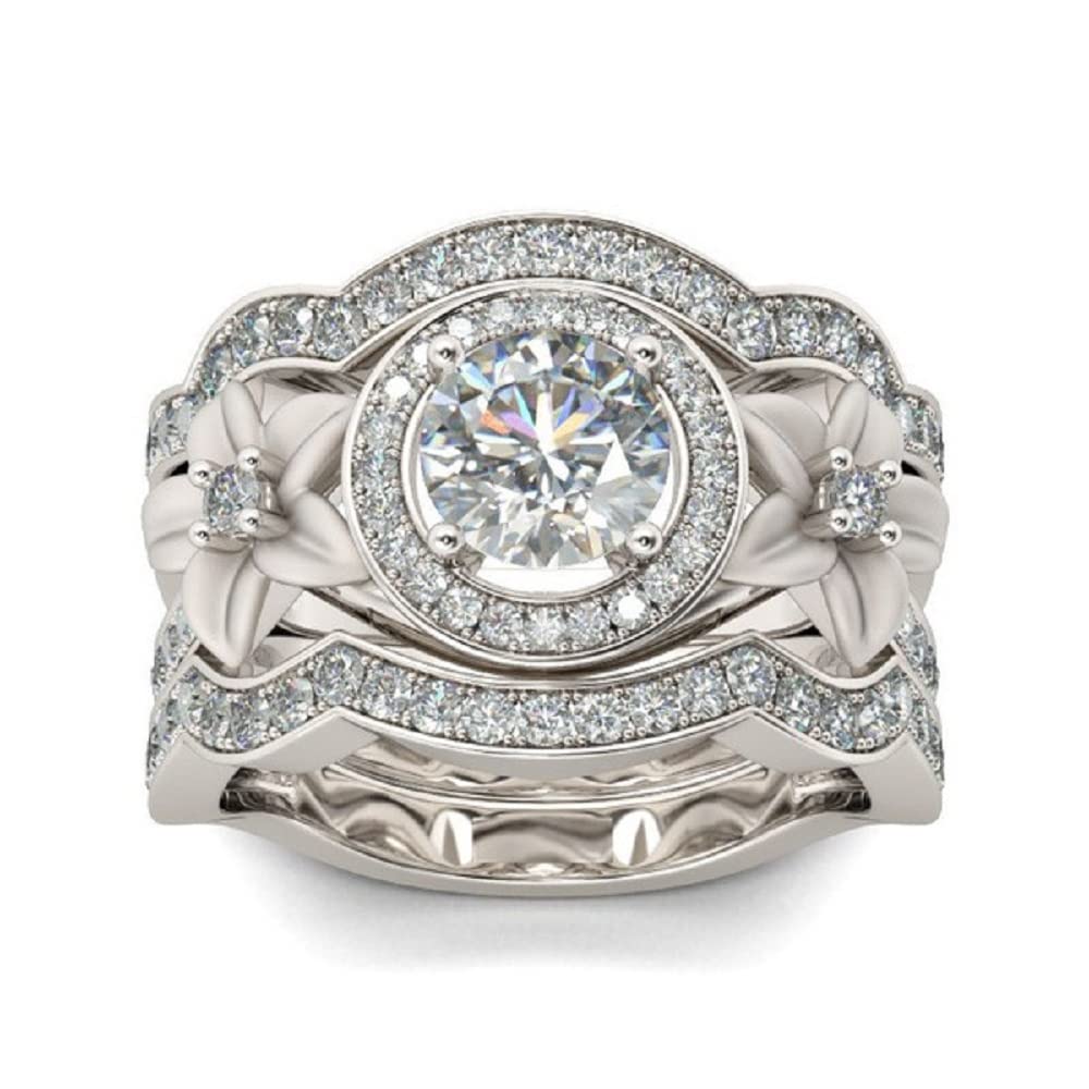Elegant Zircon Flower Engagement Ring Set - 3 Piece Wedding Band Collection in 10K White Gold for Brides, Anniversary & Proposal Gifts