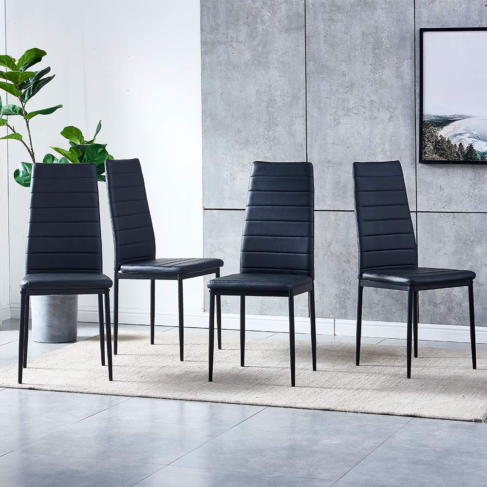 Ansley&HosHo 4-Piece Faux Leather Dining Chair Set with Sturdy Metal Legs - Modern High Back Padded Kitchen & Living Room Chairs for Home, Office or Restaurant - Comfortable Seating for Family Dinners, Entertaining Guests & Daily Use (Black)