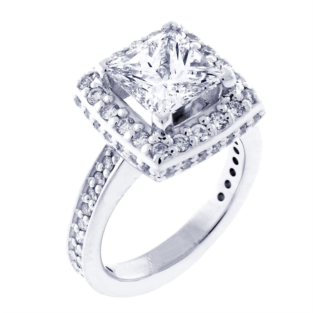 Princess Cut Halo Engagement Ring Setting with 0.86CT Side Diamonds in 18K White Gold - Perfect for Proposals, Anniversaries & Special Occasions