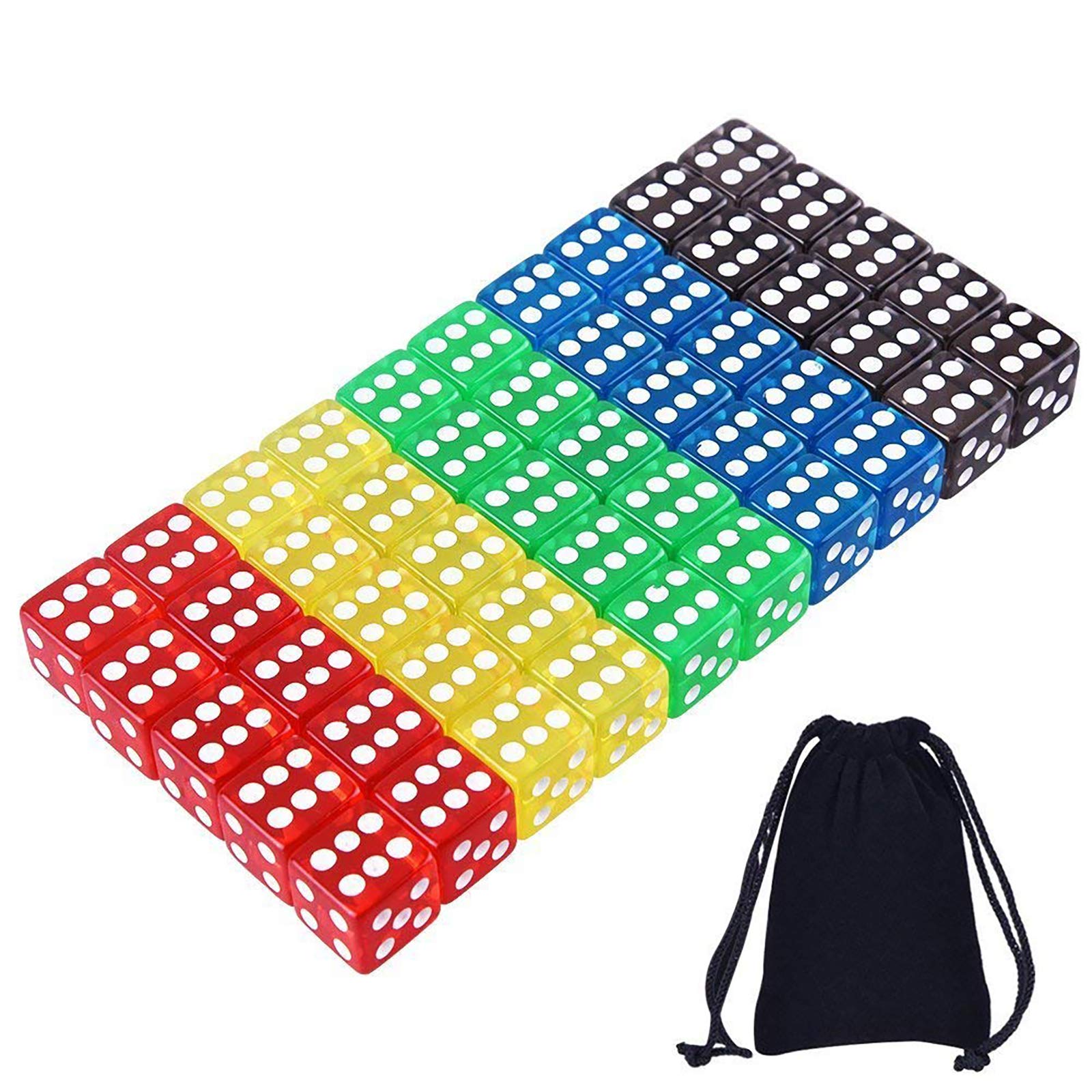 AUSTOR 50-Piece Game Dice Set - 5 Translucent Colors Square Corner Dice for Tenzi, Farkle, Yahtzee, Bunco, Math Teaching - Includes Velvet Pouch | Perfect for Board Games, Classroom Activities & Family Game Nights