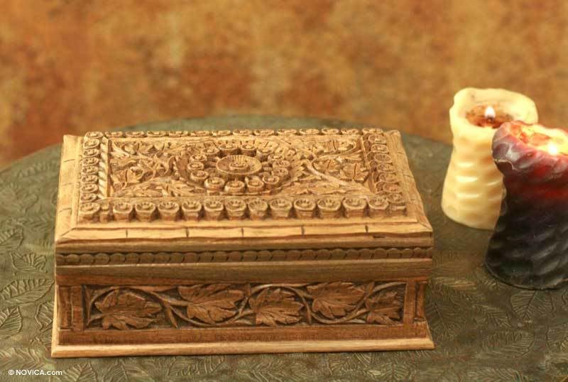NOVICA Handcrafted Walnut Wood Jewelry Box with Leaf & Tree Carvings - Brown 'Mandala Forest' Design - Perfect for Gift Giving & Jewelry Storage
