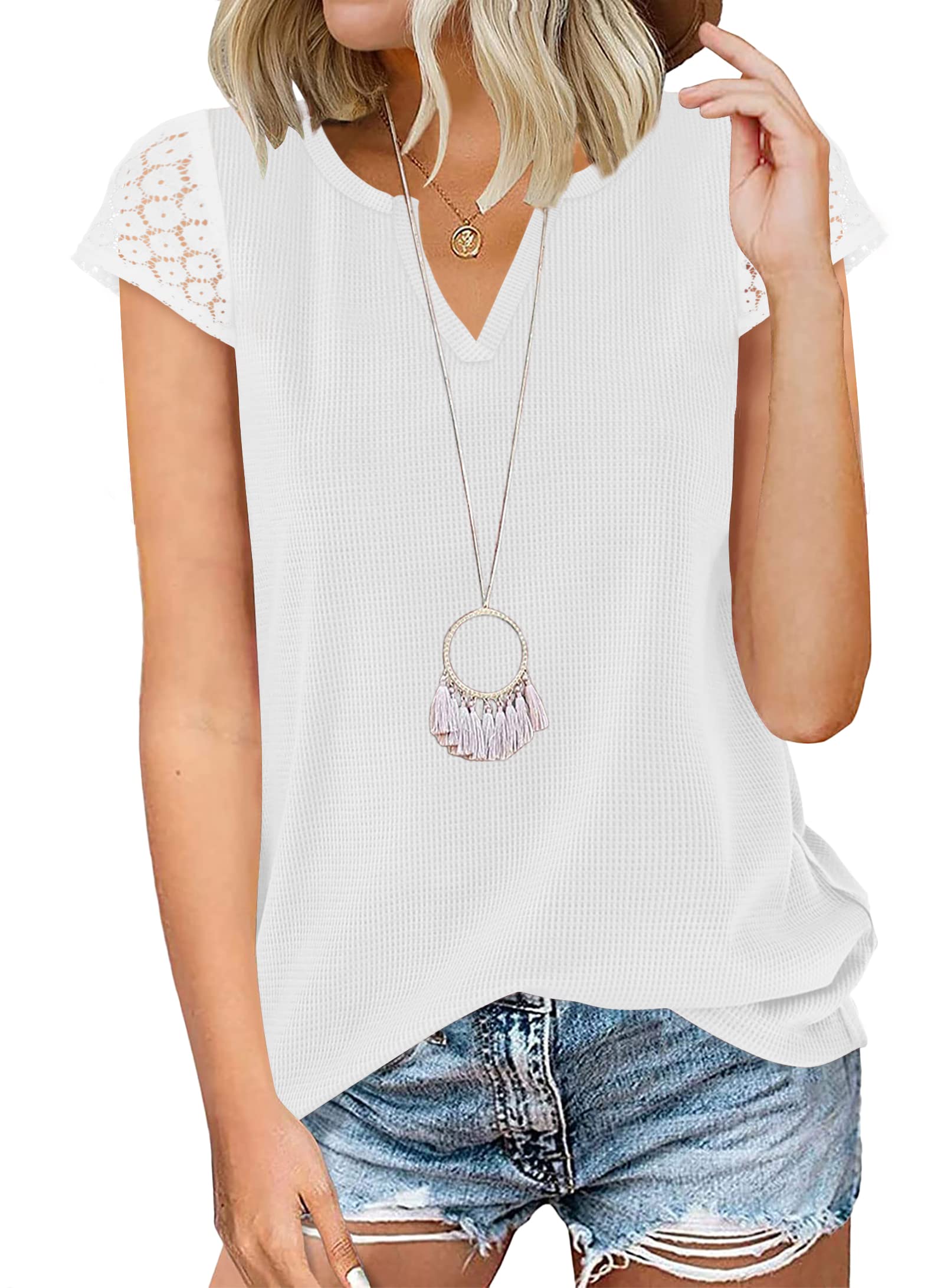 Funlingo Women's Casual V-Neck Lace Short Sleeve T-Shirt - Waffle Knit Summer Top Blouse for Everyday Wear & Date Nights