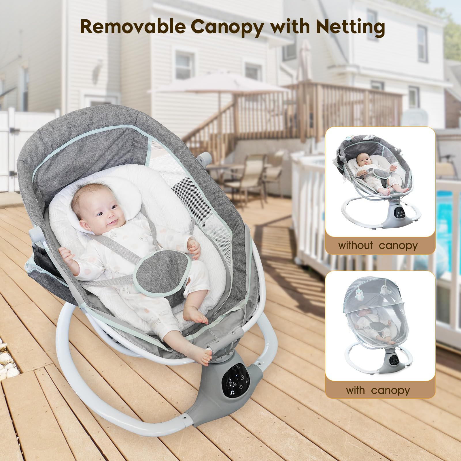 Electric Baby Swing for Infants & Toddlers - Portable Rocker with 5-Point Safety Harness, 5 Speed Settings, Bluetooth Music & 12 Soothing Lullabies - Remote Control Infant Swing for Boys & Girls (Grey) - Perfect for Nursery, Bedtime & Soothing Fussy Babies