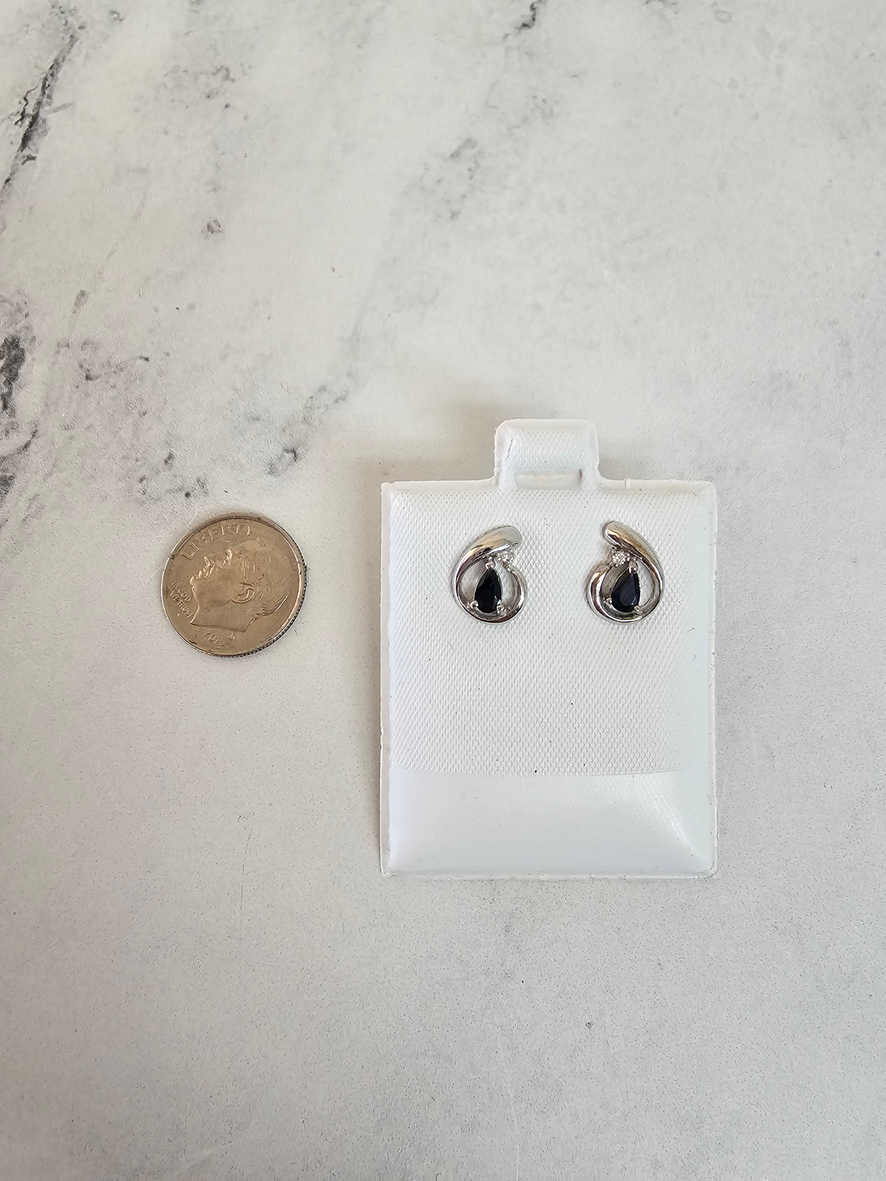 14K White Gold Tear Drop Sapphire Stud Earrings with Diamond Accent - Elegant Jewelry for Weddings, Parties & Special Occasions