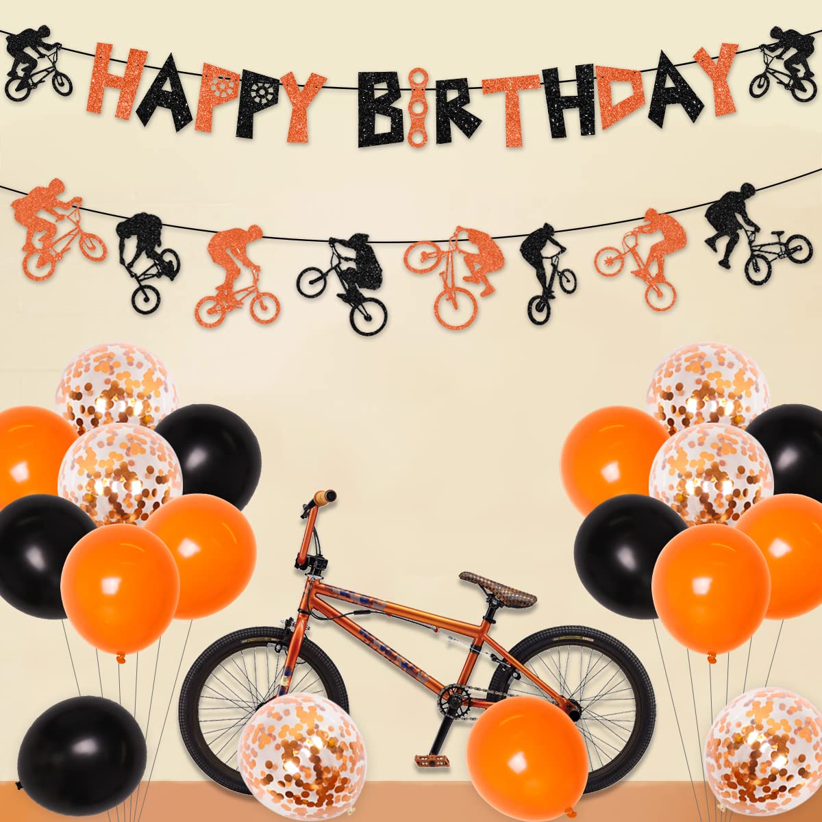 Orange & Black BMX Bike Birthday Party Decorations - Happy Birthday Banner, Cake Topper, Garland & Balloons for Extreme Sports Themed Parties | Perfect for Boys' Motocross & Bicycle Celebration Decor