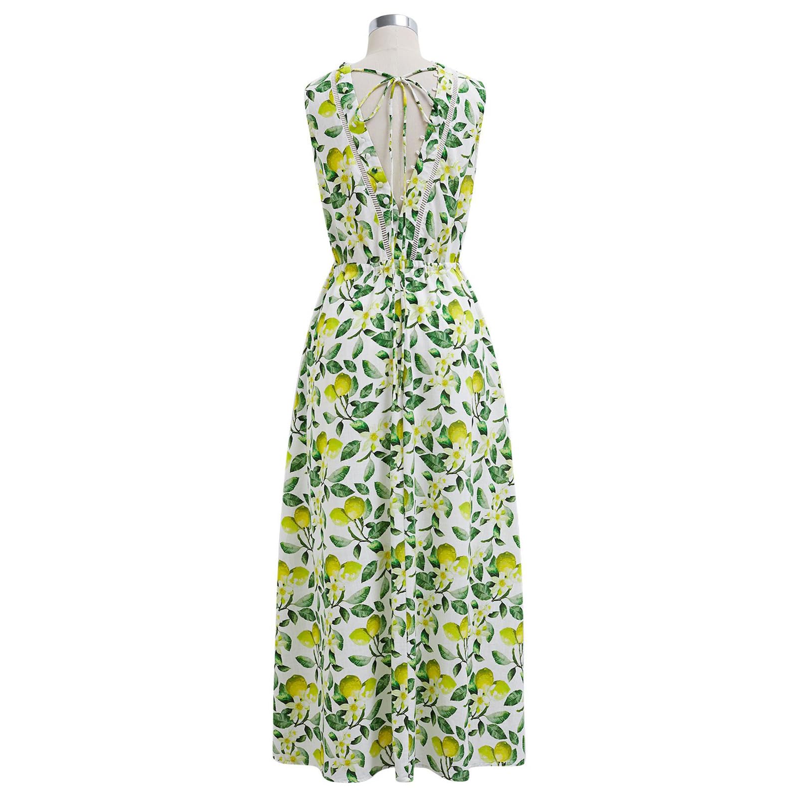CHICWISH Women's V-Neck Sleeveless Cotton Midi Dress - Lemon Print Button Down Beach Dress with Side Pockets | Perfect for Summer Vacation, Casual Outings & Tropical Getaways