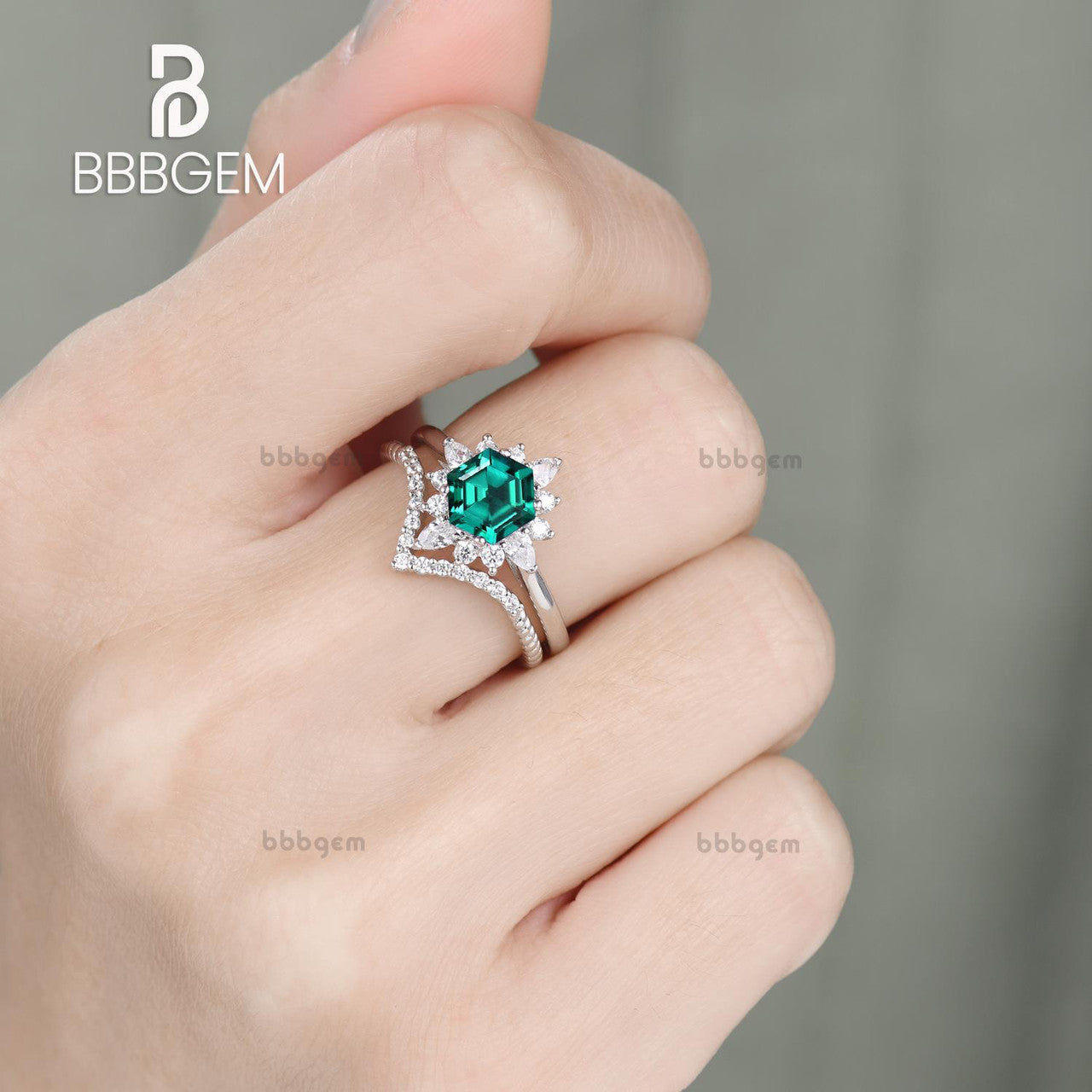 Hexagon Lab Emerald Silver Ring Set - White Gold Plated Curved Elongated Rope Diamond Chevron Band for Women - Perfect for Weddings, Anniversaries & Special Occasions