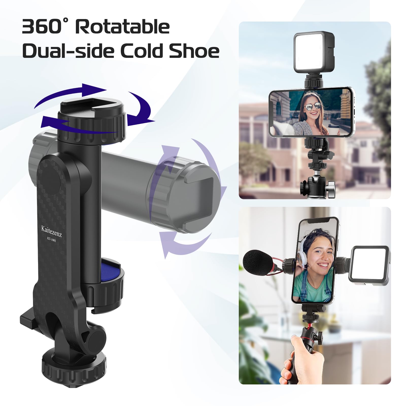 Universal Phone Tripod Mount with 2 Cold Shoes - 360° Rotating & 180° Tilting Smartphone Holder for iPhone, Samsung & All Phones - Perfect for Vlogging, Live Streaming & Photography