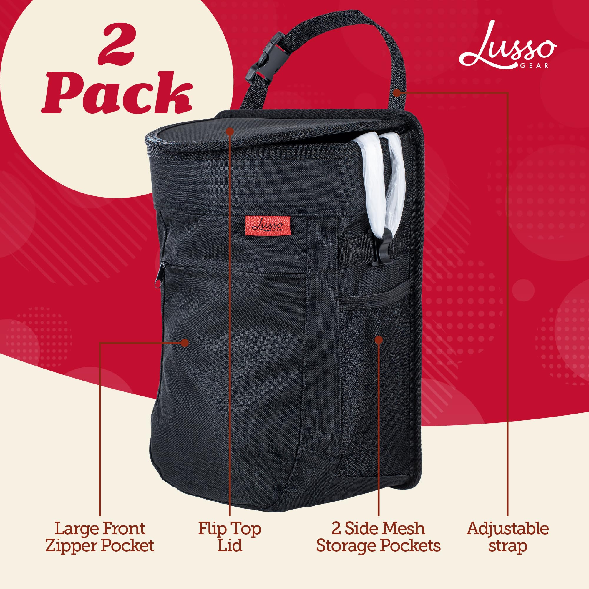Lusso Gear Spill-Proof Car Trash Can (2.5 Gallon, 2 Pack) - Leak-Proof Hanging Garbage Bin with Removable Liner - Waterproof & Odor-Free for SUV, Truck, Minivan - Easy to Clean & Organize - Perfect for Road Trips, Camping, and Daily Commute (Black)