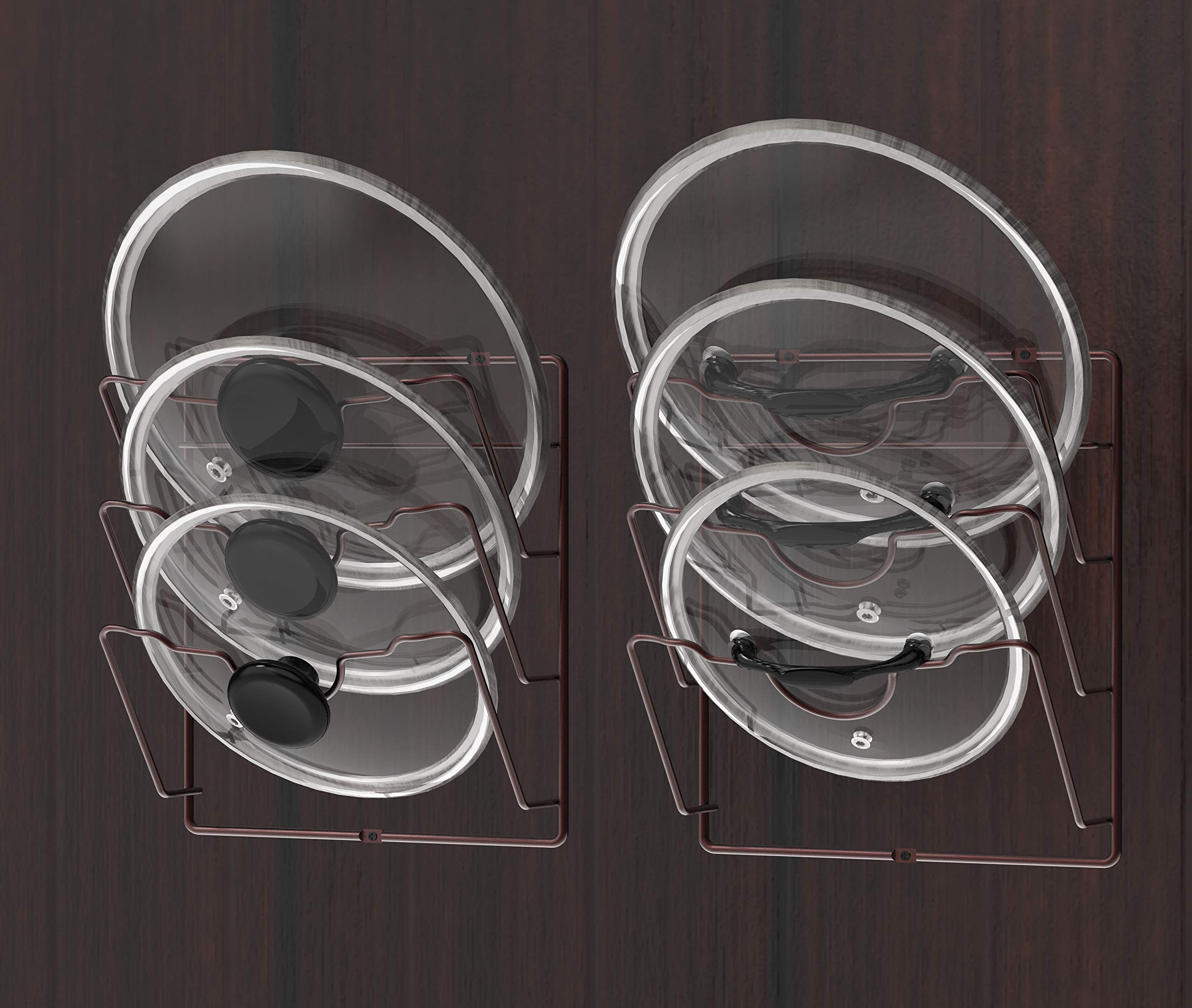 2 Pack Bronze Cabinet Door & Wall Mount Pot Lid Organizer Rack - Space Saving Kitchen Storage Solution for Pots, Pans & Cookware Lids - Perfect for Small Kitchens & Organized Cooking Spaces