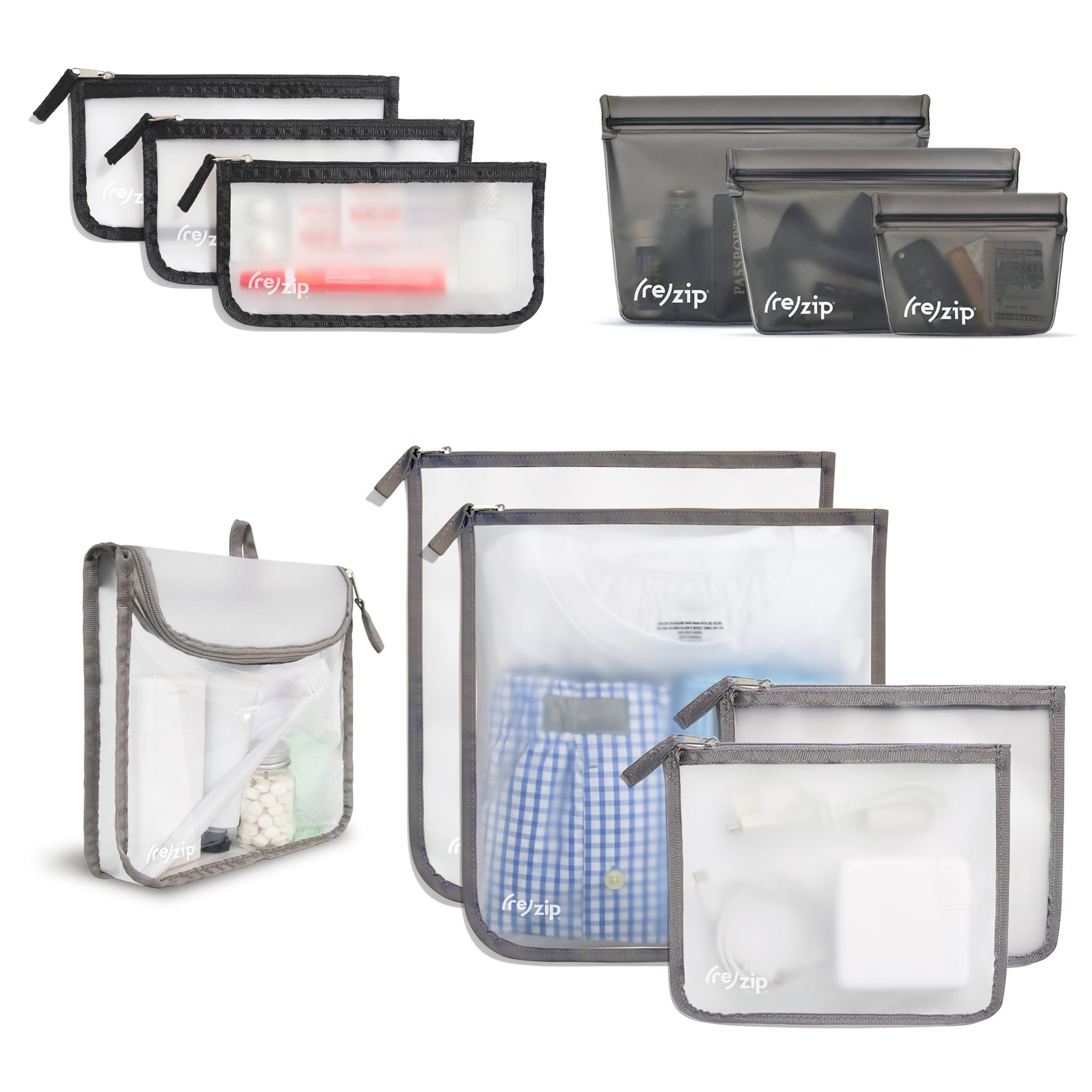 11-Piece Travel Organization Kit by (re)zip - TSA-Compliant Quart, Small, Medium & Gallon Zippered Bags + 3 Leakproof Stand Up Pouches | Perfect for Air Travel, Toiletries, Documents, Snacks & Electronics Organization | Ideal for Business Trips, Vacations & Weekend Getaways
