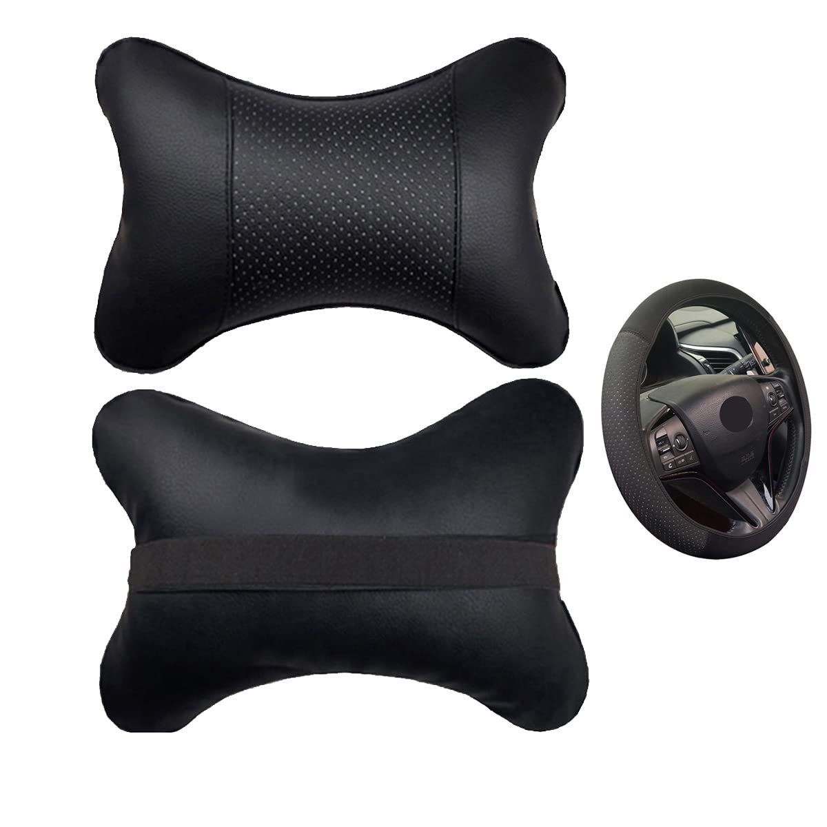 Premium Car Neck Pillows Set of 2 - PU Leather Headrest Support with Fiber Fill, Universal Fit for Most Vehicles - Perfect for Road Trips, Commuting & Long Drives (Includes Bonus Steering Wheel Cover)