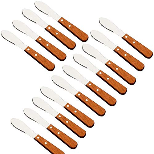 14-Piece Stainless Steel Butter Spreader Knife Set with Serrated Edge & Wood Handle - Perfect for Home Kitchen, Restaurant, and Catering Use - Ideal for Sandwiches, Cheese, and Appetizers