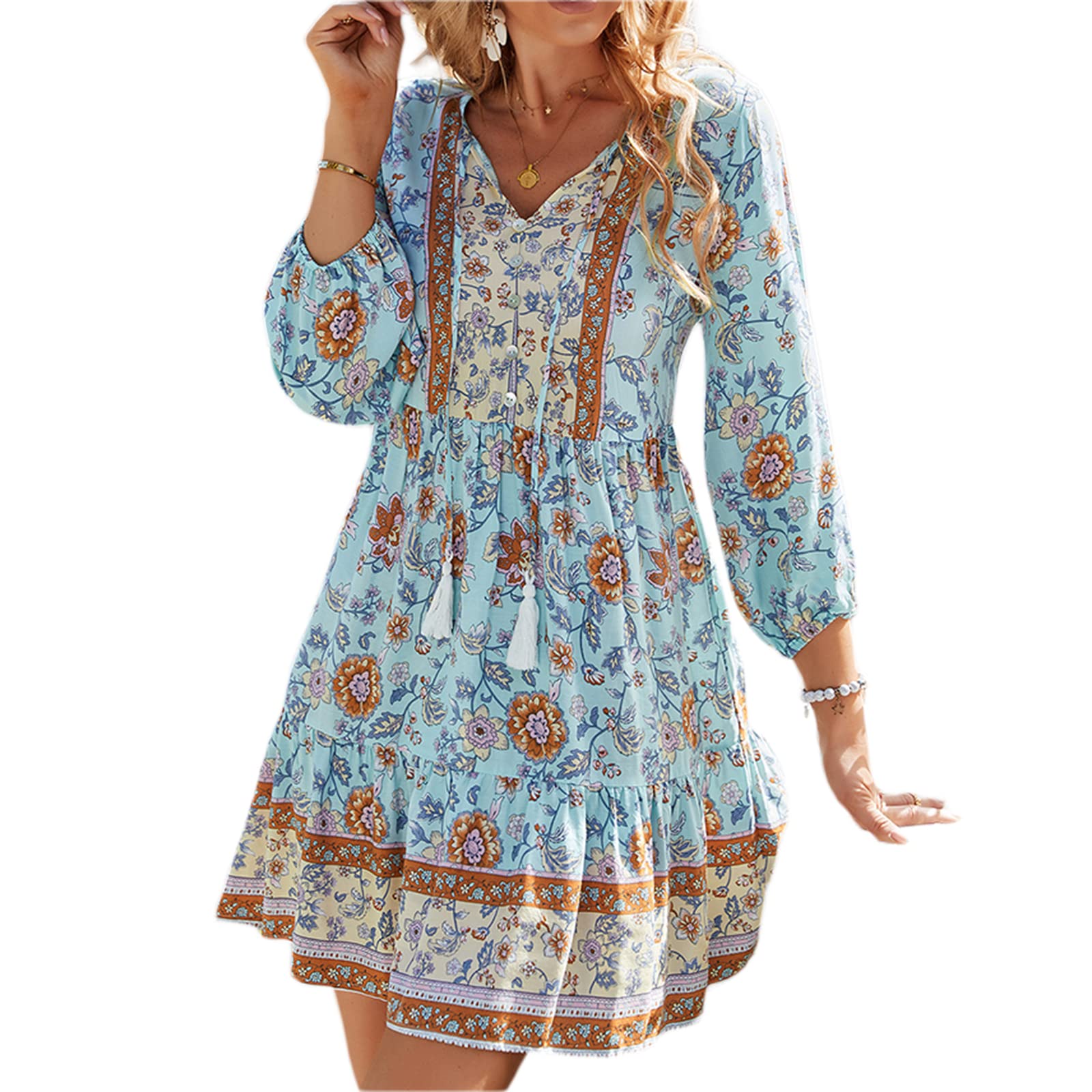 FULA-bao Women's Boho Floral Print Long Sleeve Tunic Dress - Stylish Shift Dress for Beach, Vacation & Casual Wear