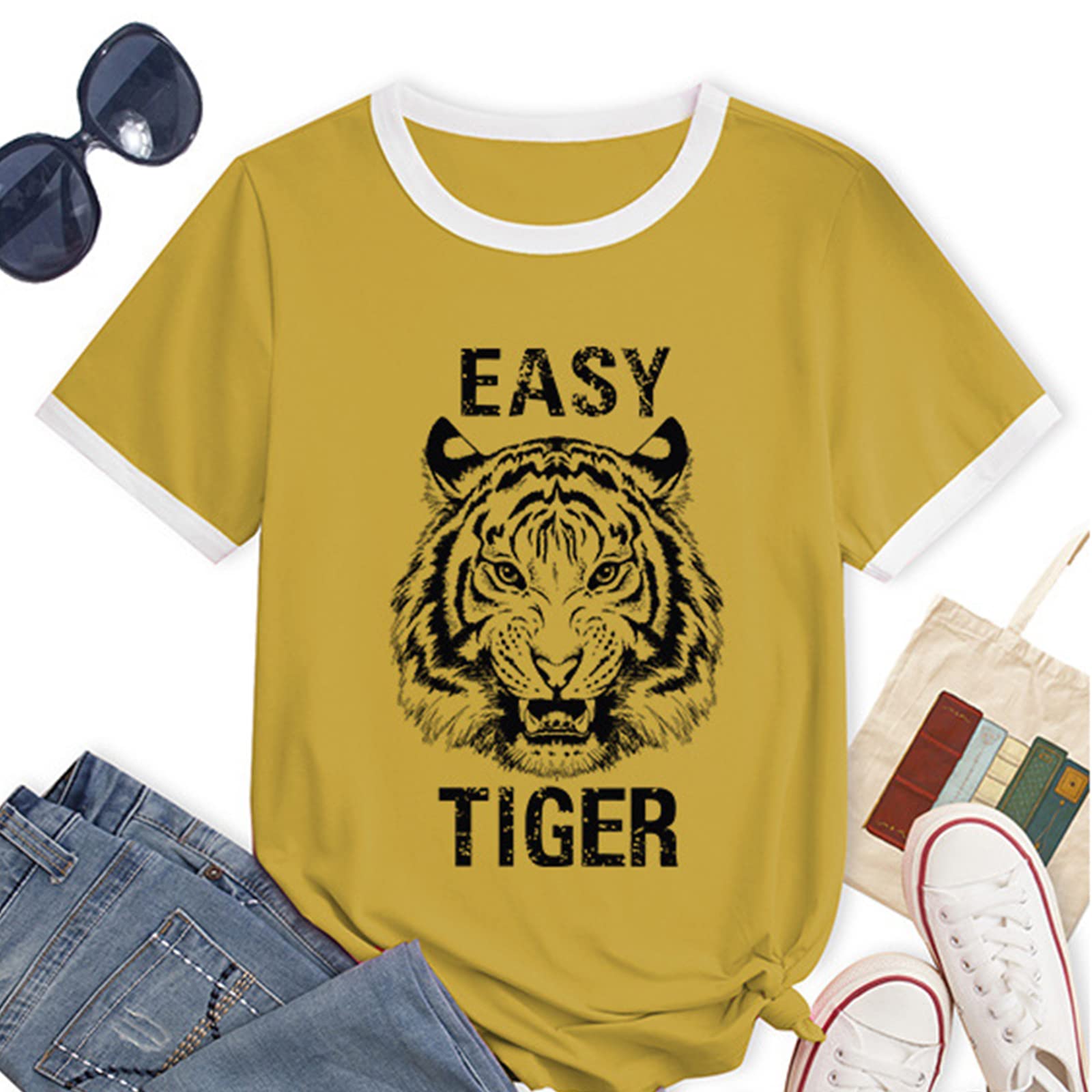 Easy Tiger Women's Graphic Tee - Animal Print Patchwork Short Sleeve T-Shirt - Country Music Inspired Casual Top for Concerts & Outdoor Adventures