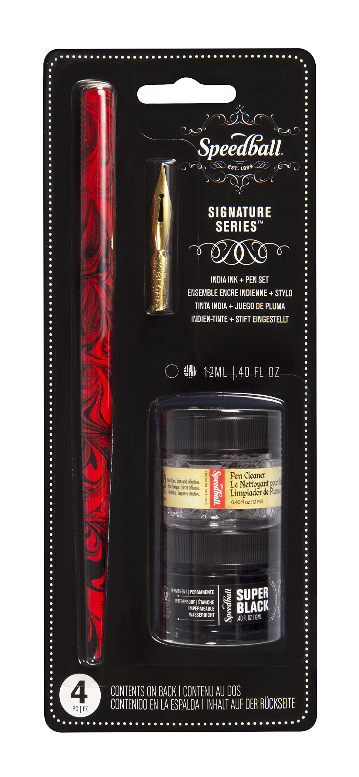 Speedball Signature Series Super Black India Ink & Pen Set - Includes Red Marbled Pen Holder, Gold-Plated No. 513EF Pen Nib, 0.4 fl oz Ink & Cleaner | Perfect for Calligraphy, Drawing & Art Projects