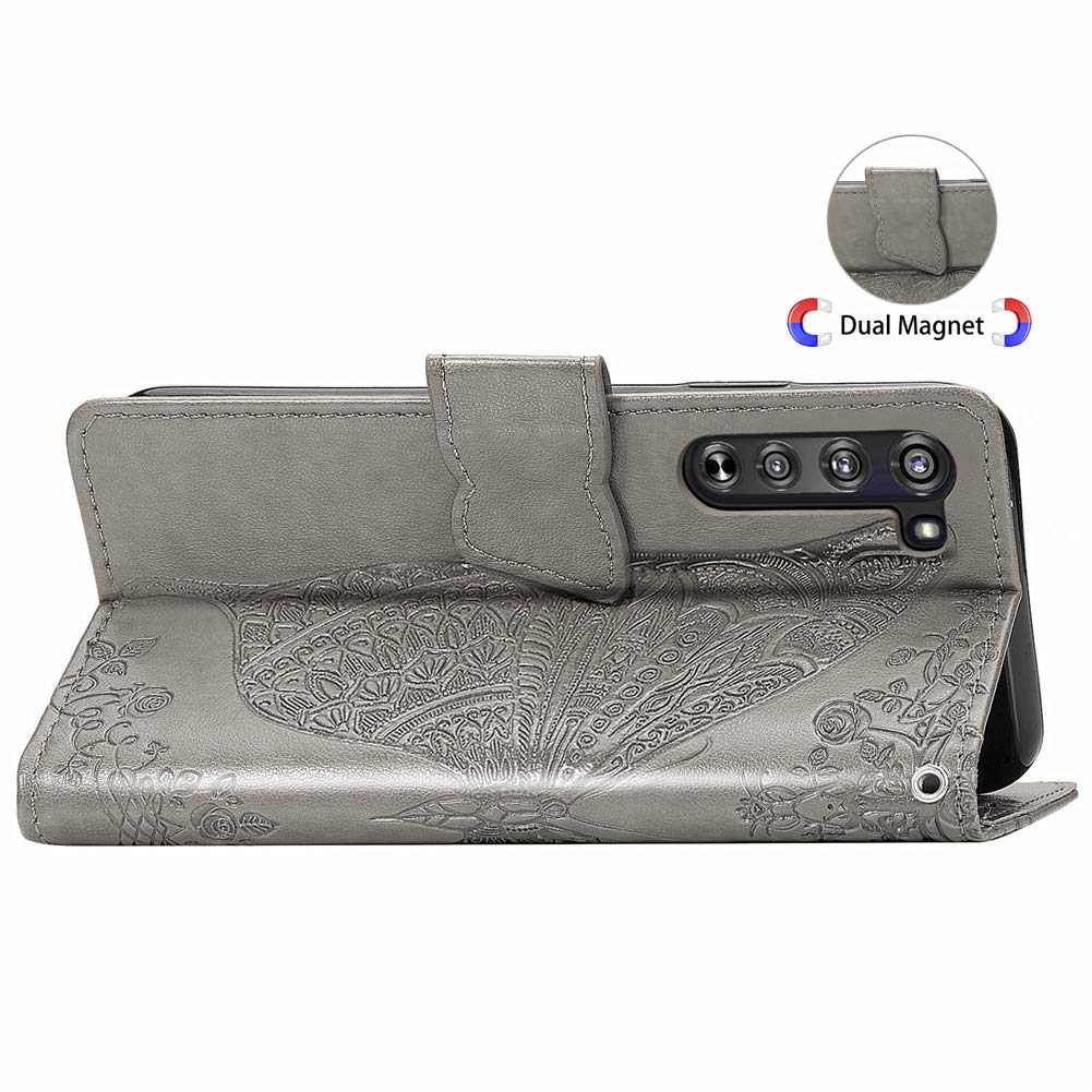 Shockproof Glitter Leather Flip Wallet Case for Motorola Moto Edge 5G - Diamond Butterfly Design with Card Holder & Stand Function (Crystal Grey) | Perfect for Daily Use, Travel & Business Meetings