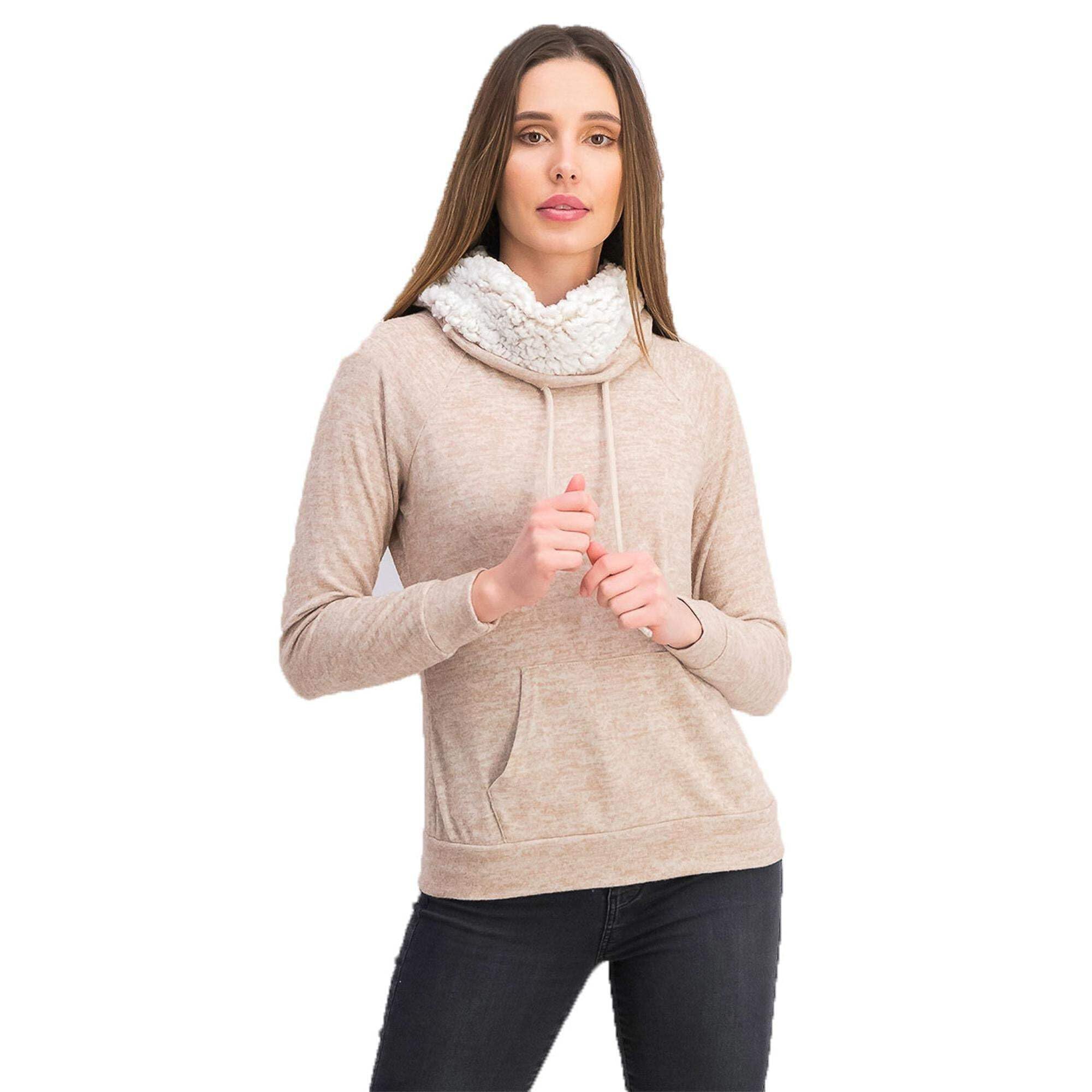 Ultra Soft Juniors' Faux Sherpa Lined Funnel Neck Sweatshirt - Beige, Size XL - Cozy Winter Pullover for Teens & Young Adults