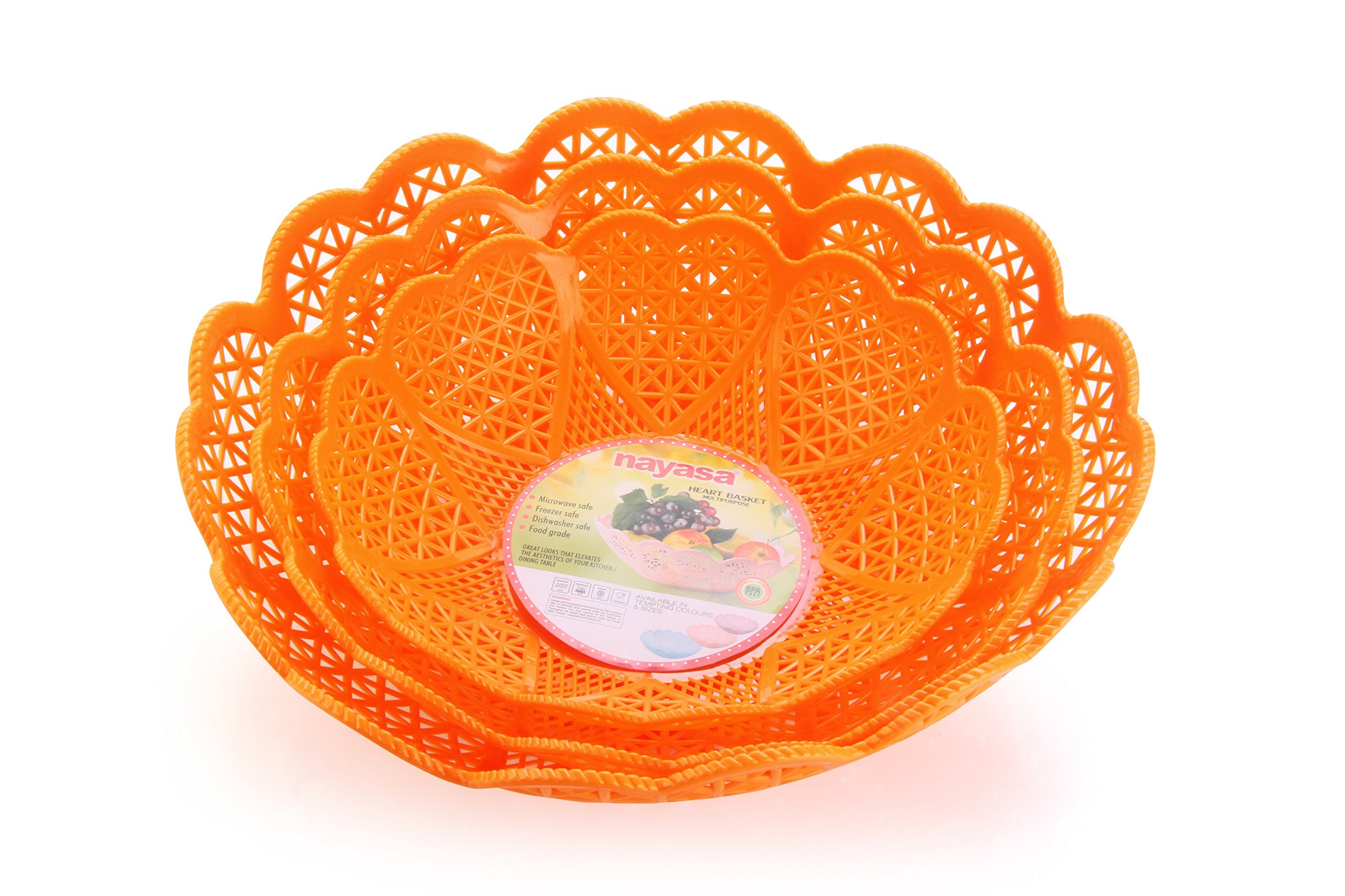 Nayasa Plastic Heart Fruit Basket Set of 3 | Multipurpose Storage Organizer for Kitchen, Bathroom & Office | Portable Makeup & Fruit Basket | 12.2
