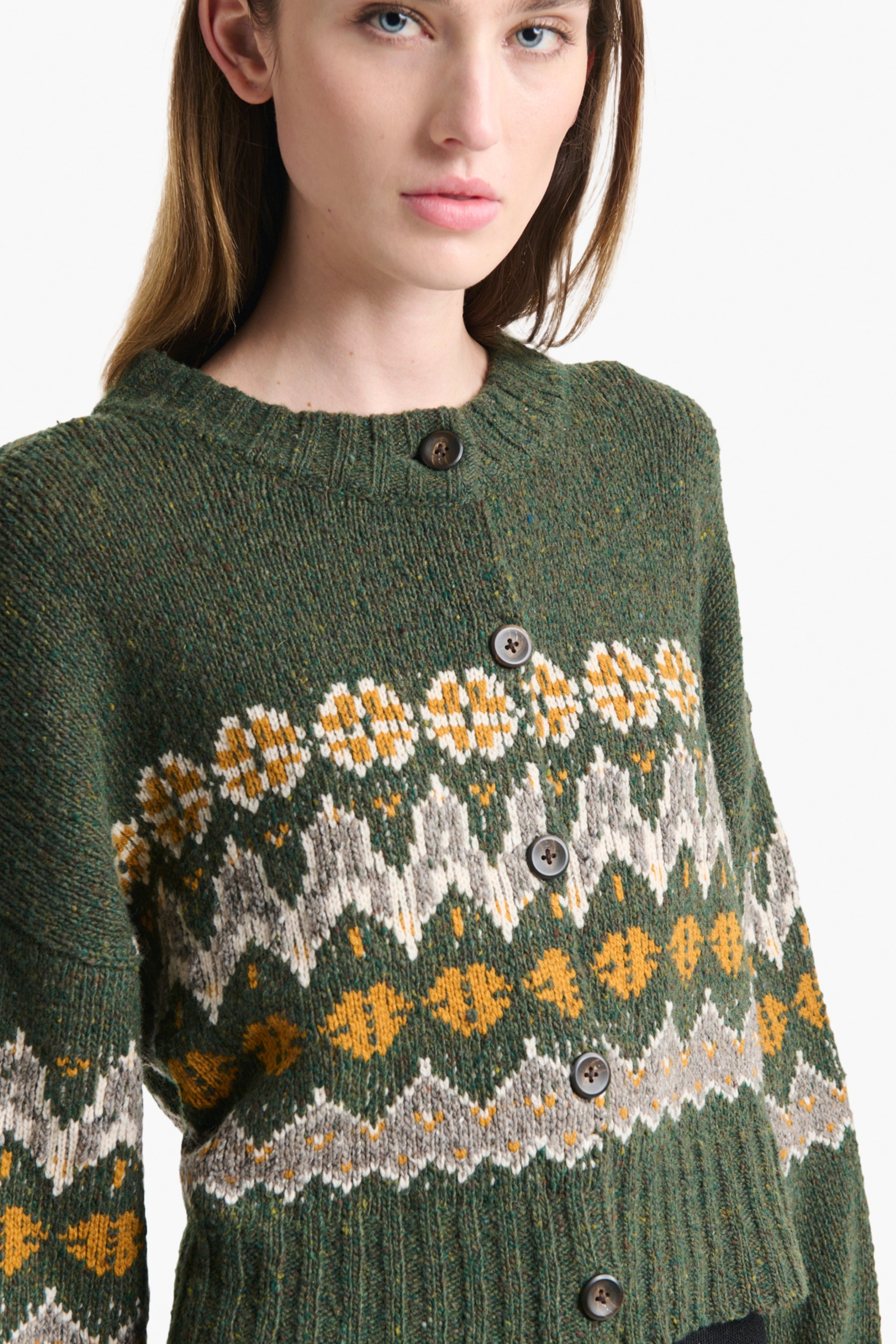 Women's Dark Forest Fair Isle Knit Sweater - Cozy Winter Pullover for Casual Outings & Holiday Gatherings