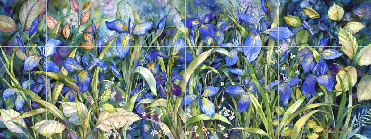 Blue Iris Floral Ceramic Backsplash Tile Mural for Kitchen & Bathroom - Handcrafted Kathleen Parr McKenna Design - Perfect for Home Renovation & Decorative Wall Accents