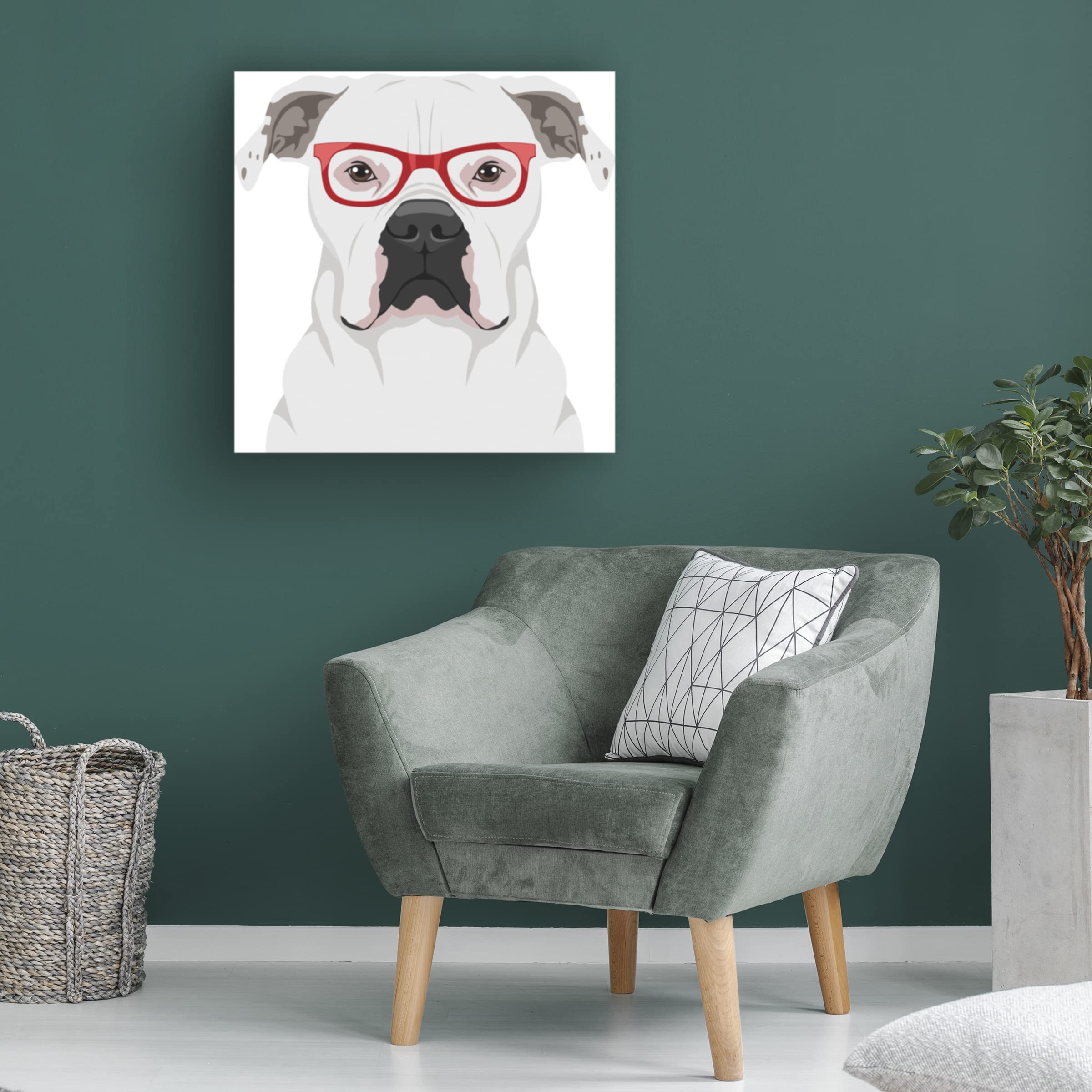 American Bulldog Wearing Hipster Glasses Canvas Wall Art - Premium Trademark Fine Art Print by Furbaby Affiliates - Perfect for Living Room, Office & Pet Lover Home Decor