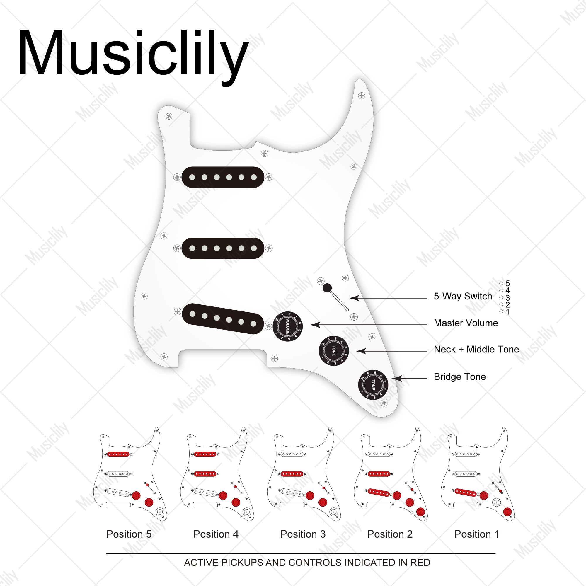 Musiclily Pro Pre-wired SSS Pickguard with Artec Alnico 5 Single Coil Pickups for ST Style Electric Guitar - 4-Ply Aged White Pearl | Perfect for Blues, Rock & Vintage Tone Upgrades