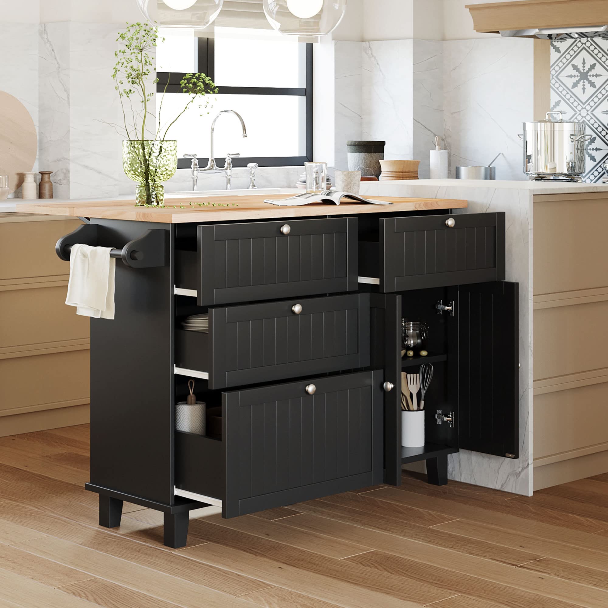 Farmhouse Kitchen Island Set with Drop Leaf & 2 Seats - Dining Table with Storage Cabinet, Drawers & Towel Rack - Rustic Kitchen & Dining Room Furniture (Black) - Perfect for Small Space Cooking, Entertaining & Extra Storage