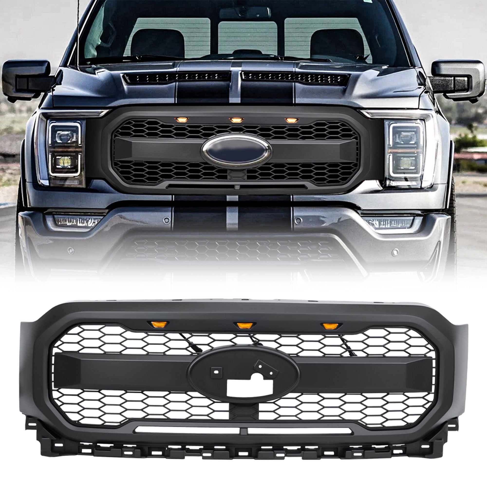 Raptor Style Mesh Grill with Amber LED Lights & Emblem Base for 2021-2023 Ford F150 | Matte Black Front Bumper Grille | Off-Road & Street Customization Upgrade